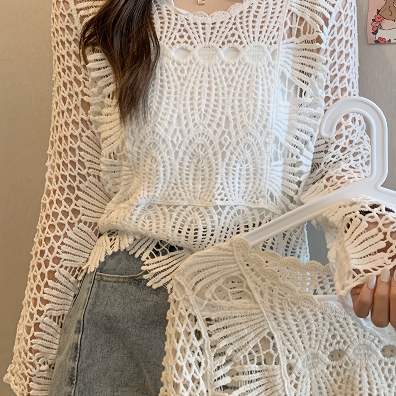 TEMU New Women's Hollow-out Lace Pullover Top, Gentle And Versatile Cropped Loose Fit Drop-shoulder Knitwear, Outerwear