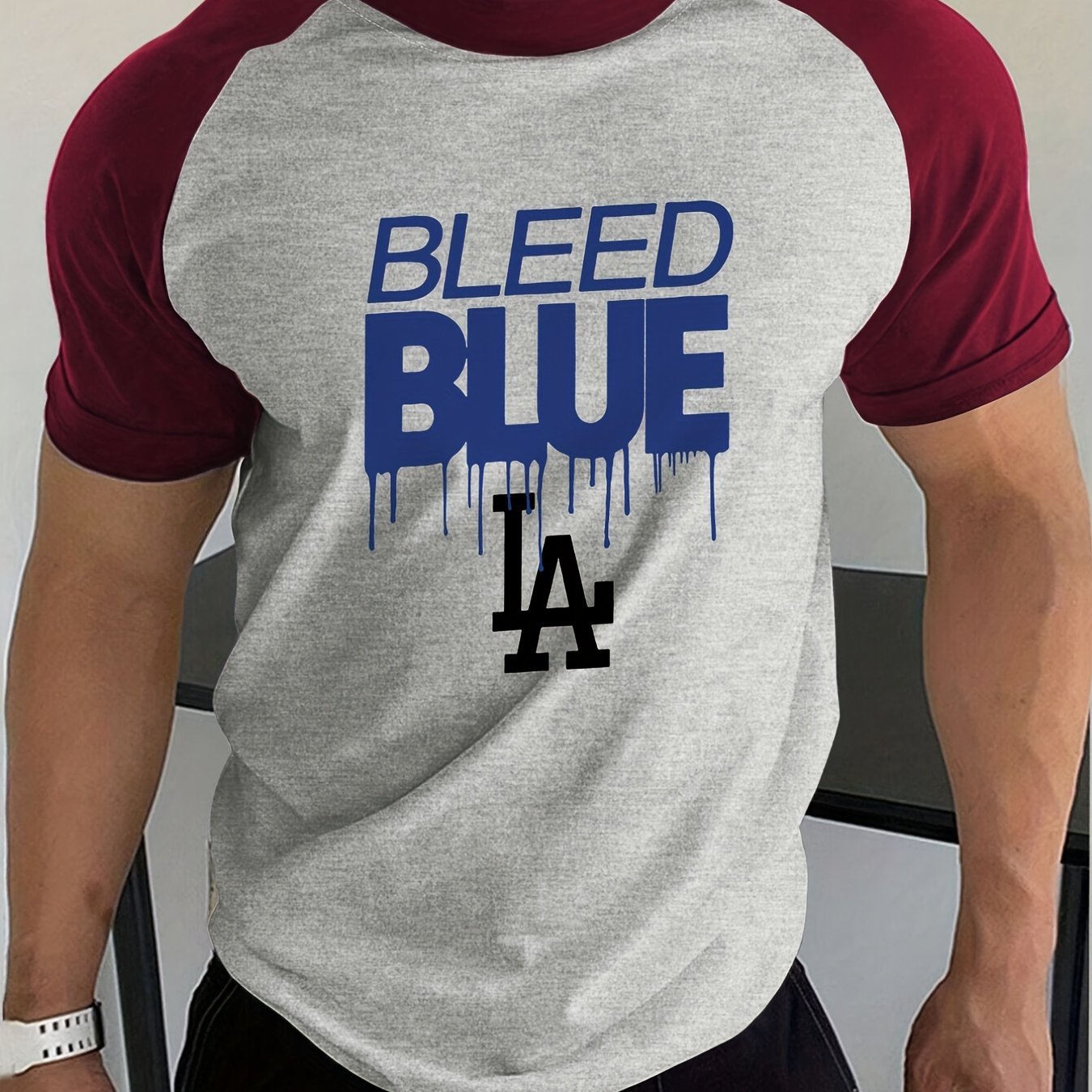 Plus Size Mens Bleed Blue Graphic Print Raglan T Shirt For Sports Casual  Trendy Short Sleeve Tees For Summer, Save More With Clearance Deals
