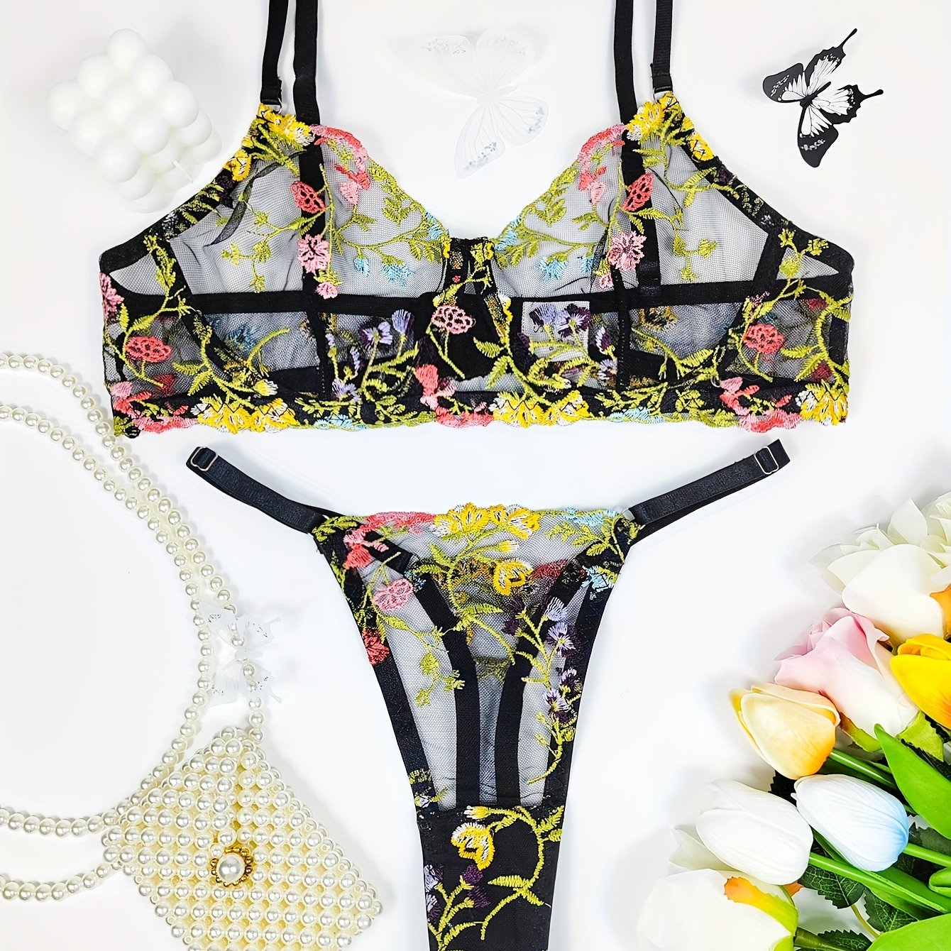Women Sexy Lace Floral Embroidery Underwear Tie Dyed Mesh Bra See Through  Underwear Two Piece Set Robe Women, Green, Medium : : Clothing,  Shoes & Accessories