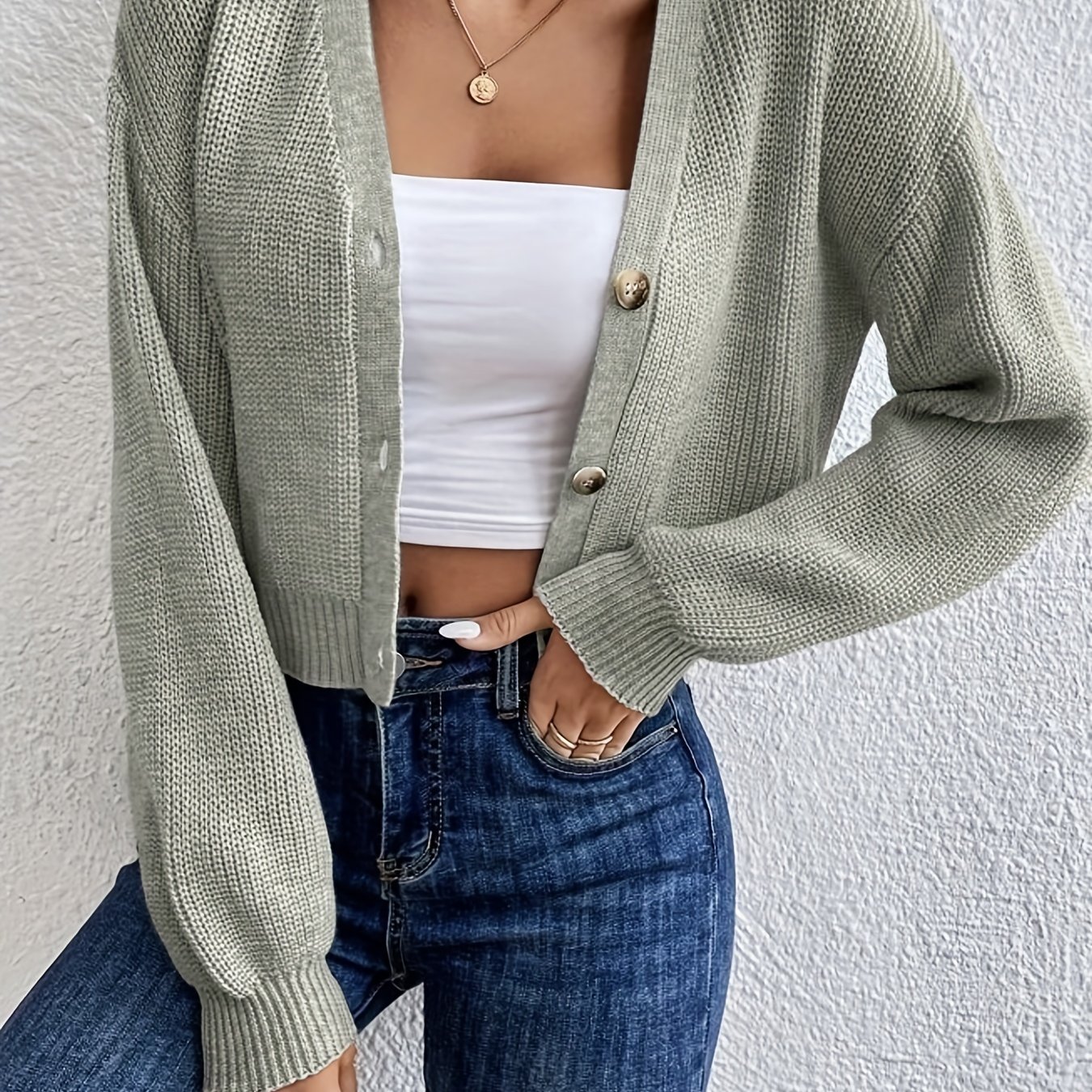 Solid Button Crop Cardigan Casual Long Sleeve Sweater Spring Temu