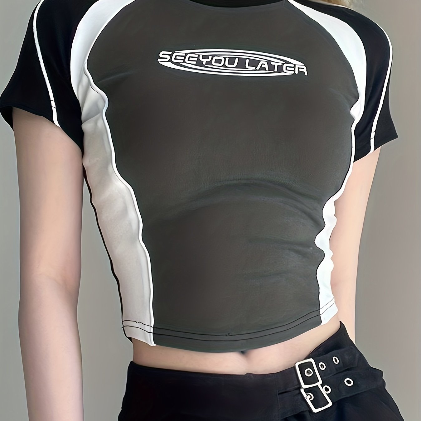 Image of Y2k Spicy Short Sleeve Top With , Color Block , And Letter Print Design - 2023 Summer New Arrival Women's Slim Fit Flattering Top