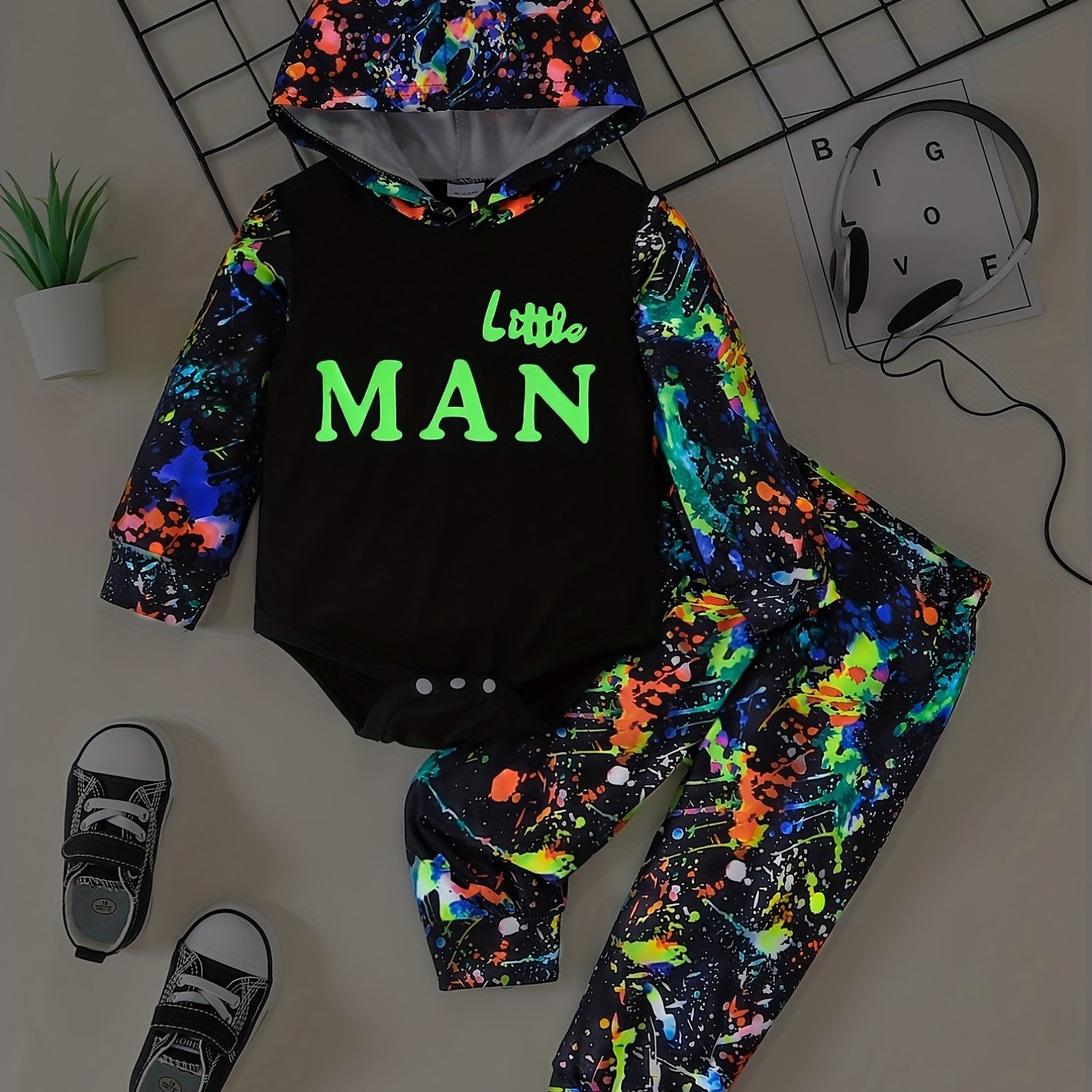 -the-dark Letter Print Hooded Long-sleeved Romper + Colorful Pants Set, For Outdoor