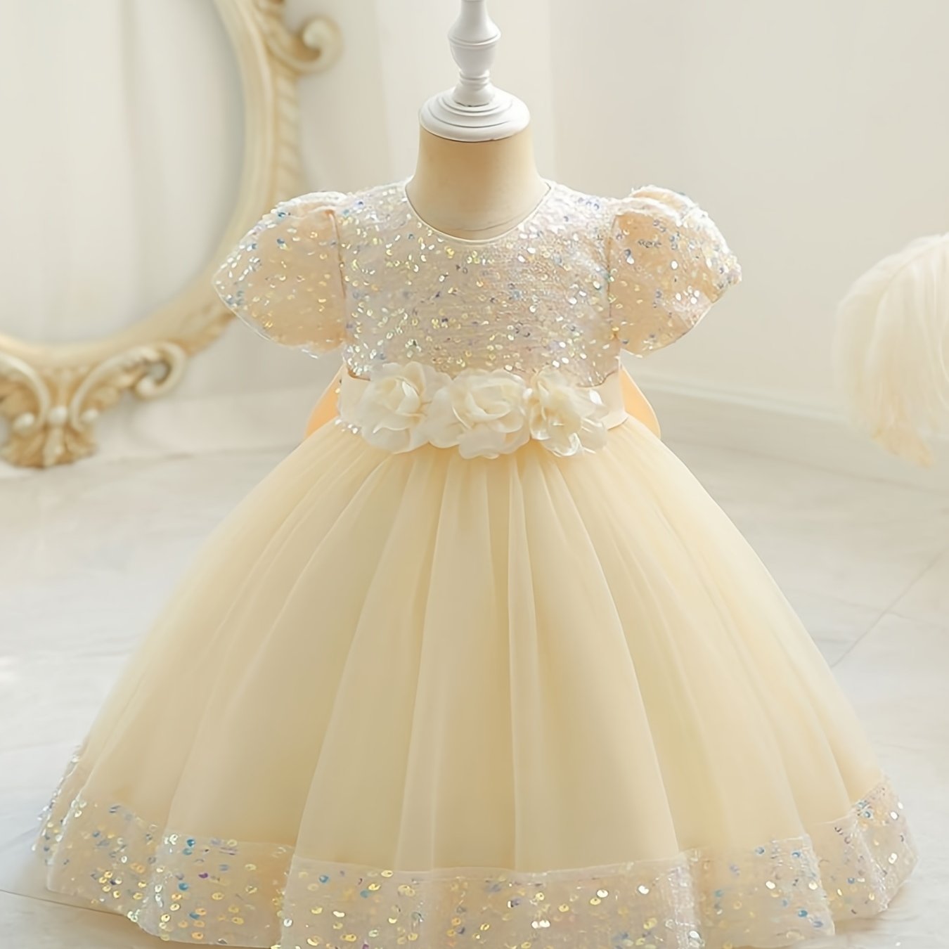 Kid Girl Glitter Stripe Design Bowknot Decor Princess Long-sleeve Mesh Dress