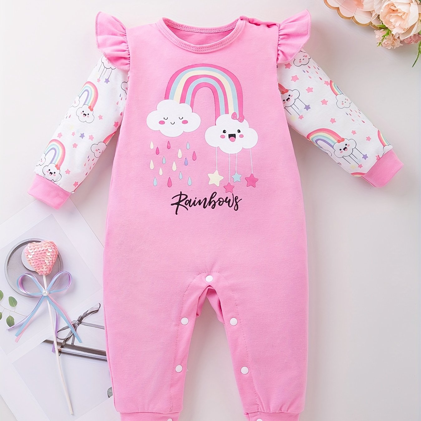 Image of Newborn Baby Girl's Pink Rainbow Bodysuit Onesie Romper - Snap-fit Outfit Suitable For Photoshoots, Wear & Everyday Diaper , Hand Washable Long-sleeve Clothing, Perfect For Outdoor
