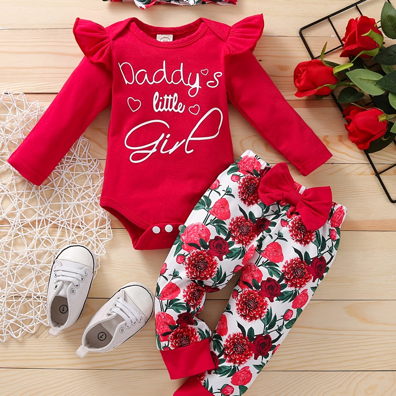 Mioliknya 3PCS Newborn Baby Girl Daddy's Fishing Buddy Short Sleeve Romper  Bodysuit Floral Pants Leggings Hat Outfits (Rose Red, 3-6 Months) in Oman