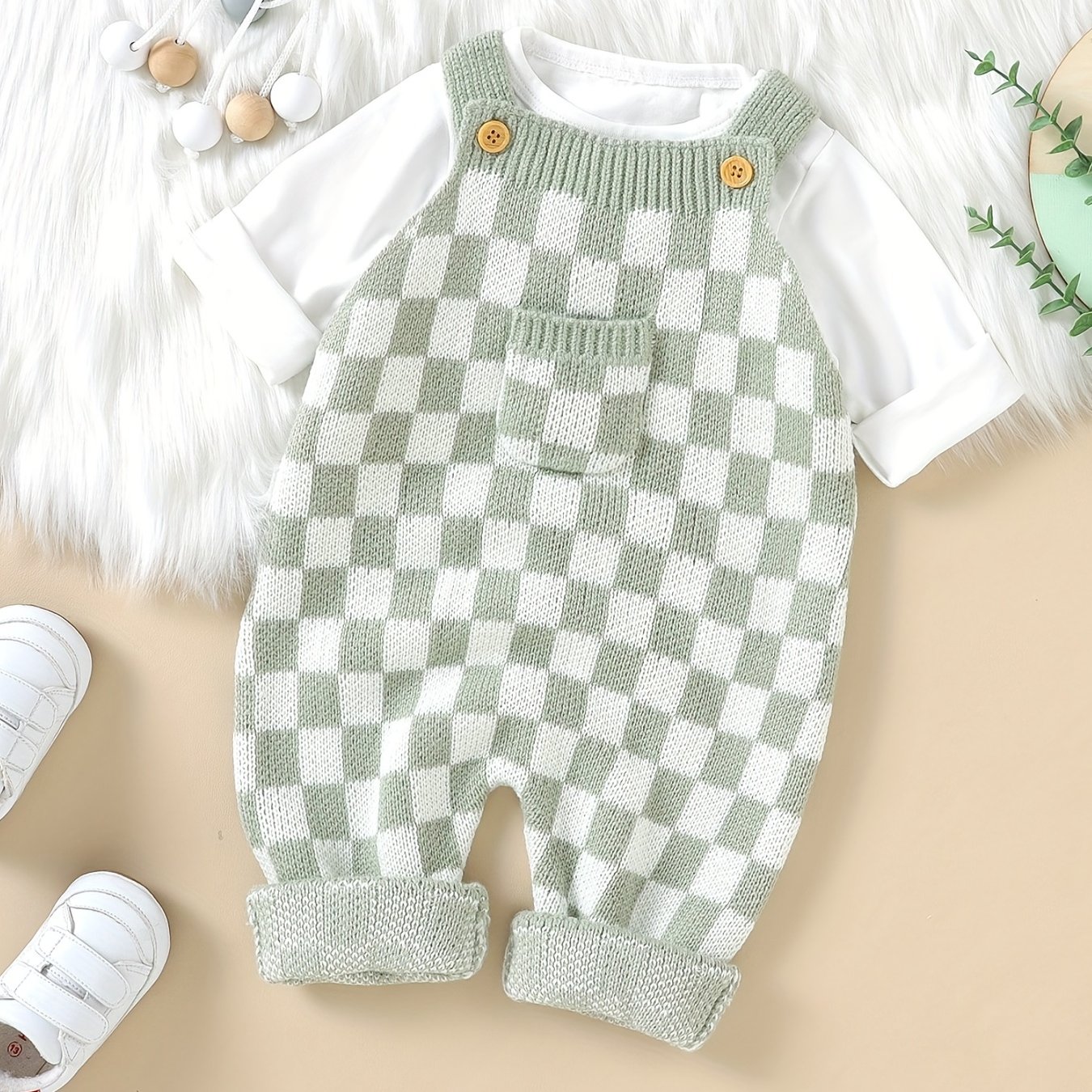 Image of Kids' Knit Checkerboard Overalls With Cute Front Pocket - Cozy Acrylic, Stretchy, Wear For Boys And Girls, , Perfect For Outdoor Wear, Perfect For Outdoor