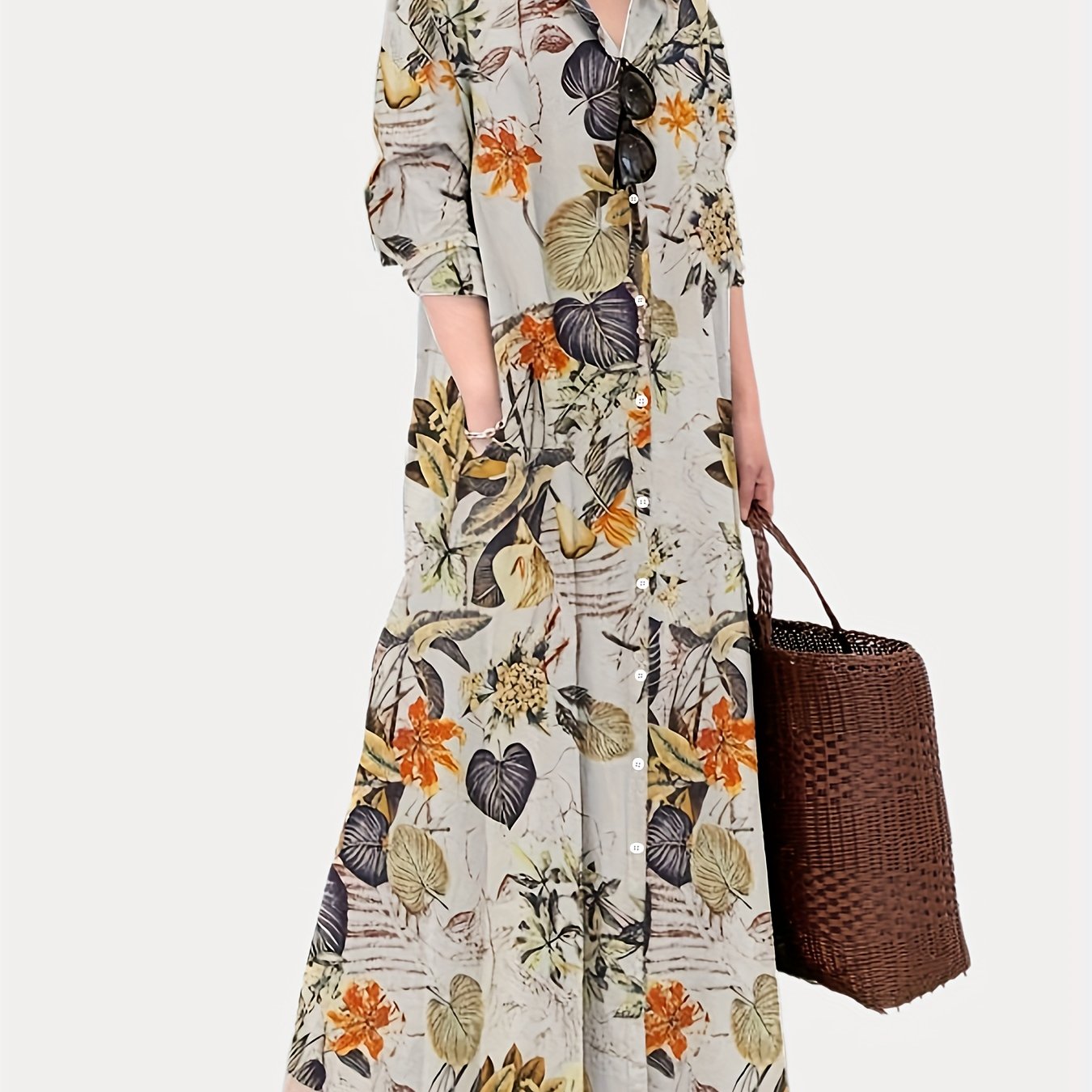 Plant Print Button Front Dress Vintage Collared Maxi Dress - Temu