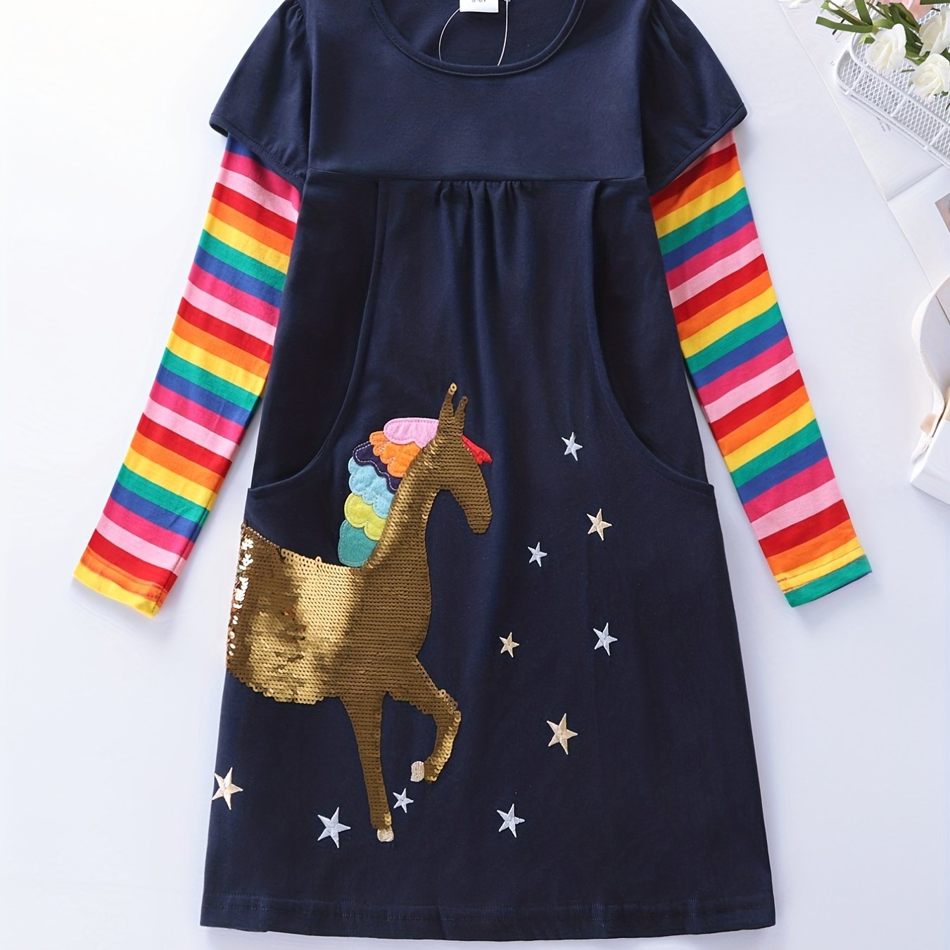 Image of New Autumn Cotton Cartoon Unicorn Casual Long-sleeve Dress For Little Girls Lh5810