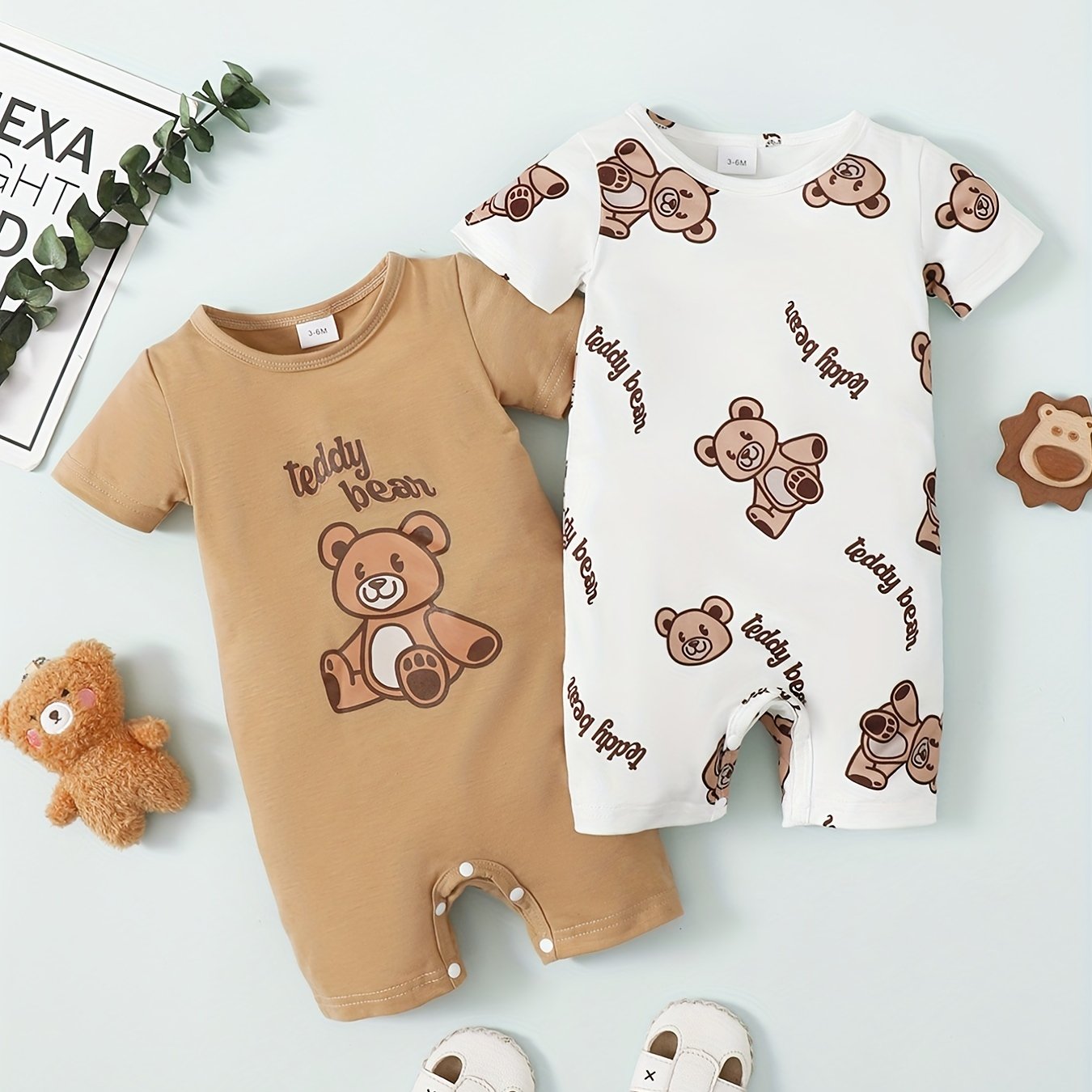 Cute Baby Bear Letter Print Short-sleeved Jumpsuit Two-piece Set, For Outdoor