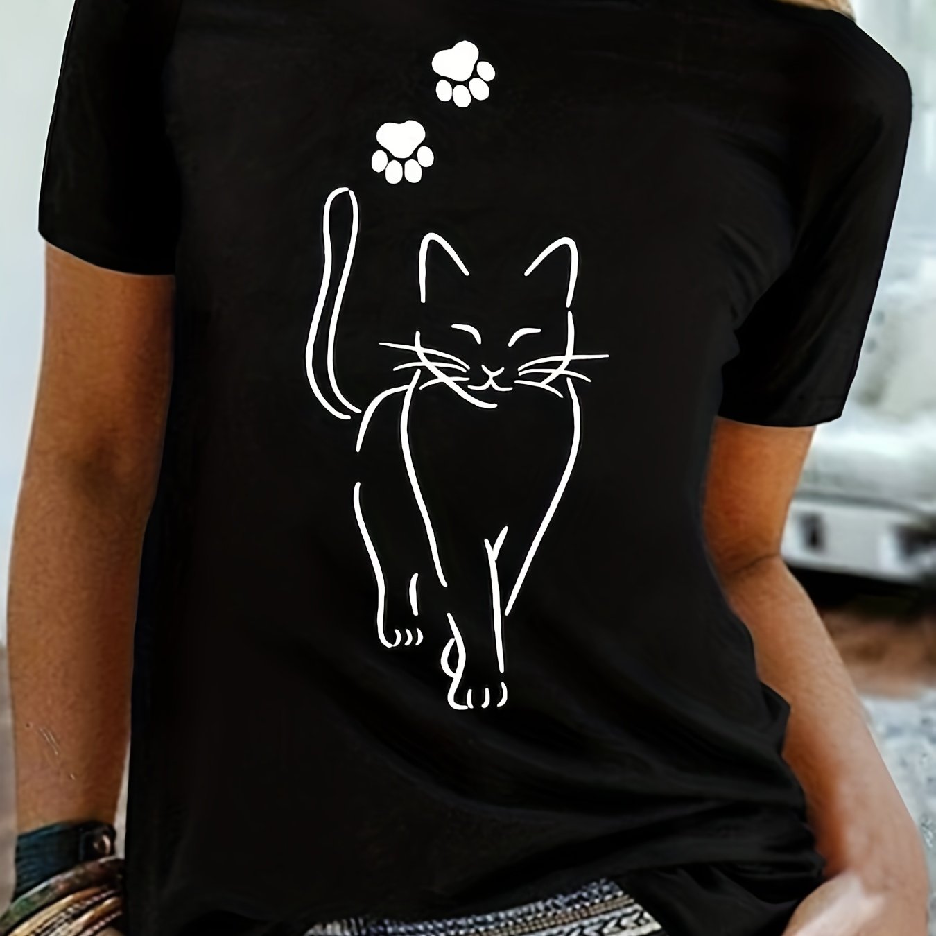 Cat Neck T-shirt, Casual Short Sleeve Top For , Women's Clothing