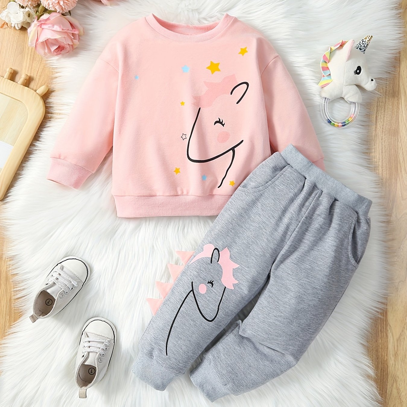 Image of 2pcs Baby Girls Fashion Casual Outfit, Cute Unicorn Print Long Sleeve Sweatshirt & Unicorn Print Trousers Set For Spring And Autumn, Outdoor Cloth