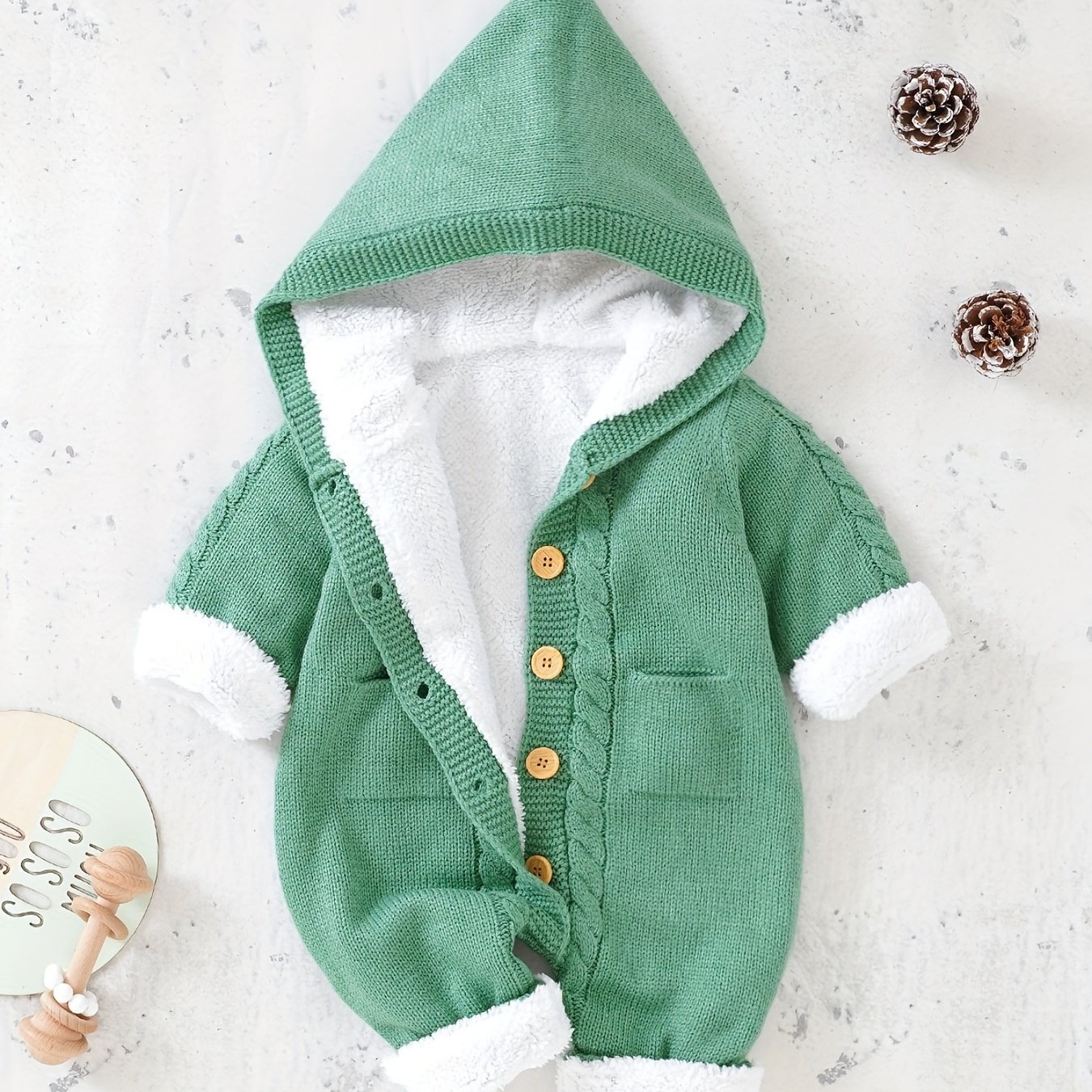 Image of Newborn Boys And Girls Knitted Jumpsuit With Long Sleeve Hooded Pants Jumpsuit