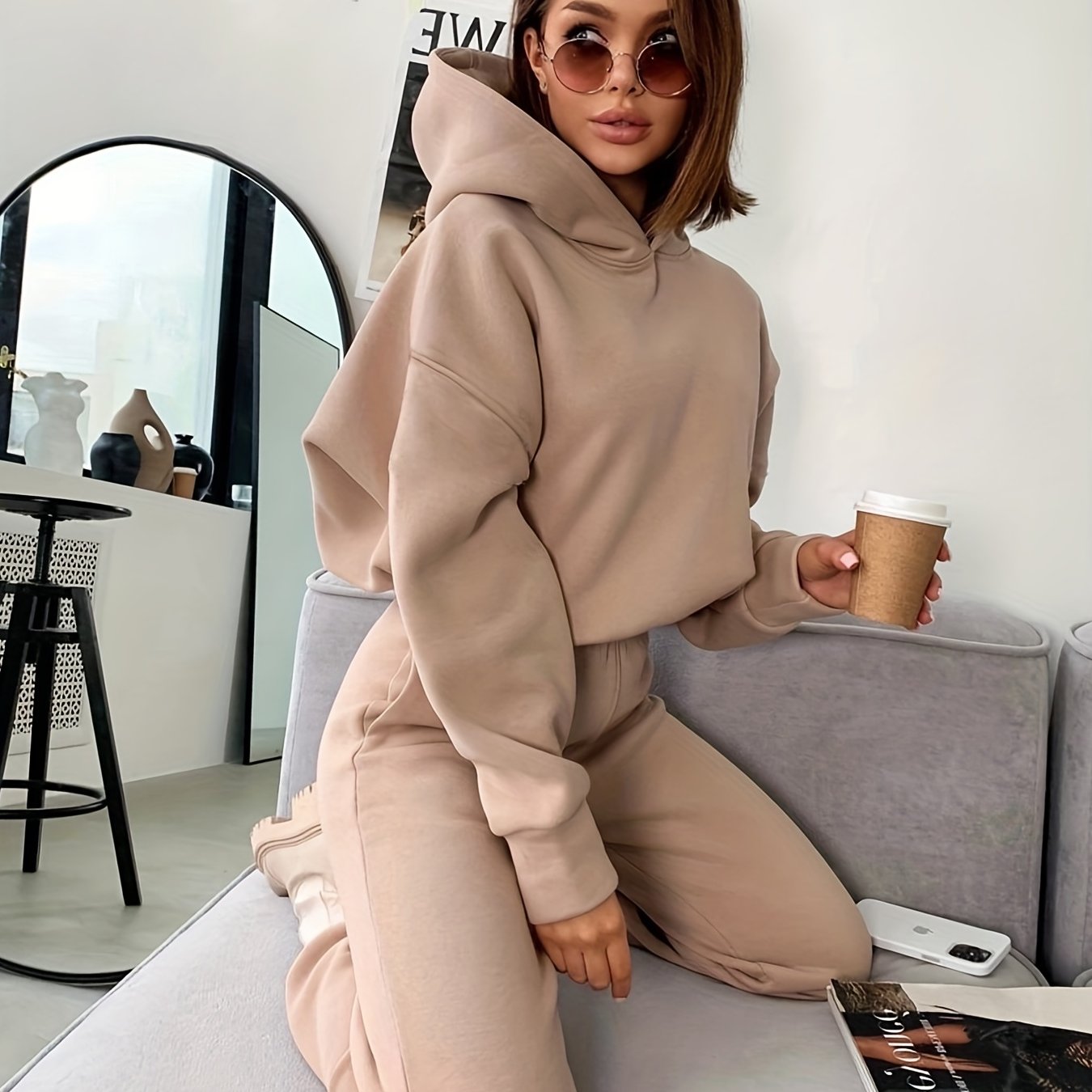 Solid Color Casual Suits Long Sleeve Hooded Sweatshirts High - Temu