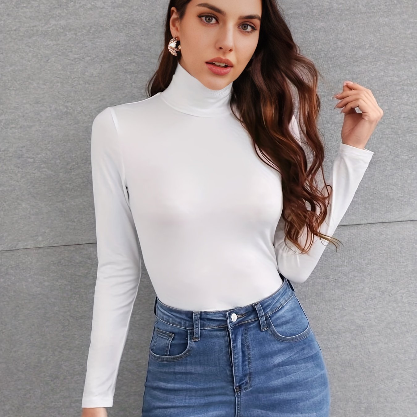 Women's High-neck Long-sleeve Top, Fleece For Autumn And Winter, Fitted With A Faux Collar