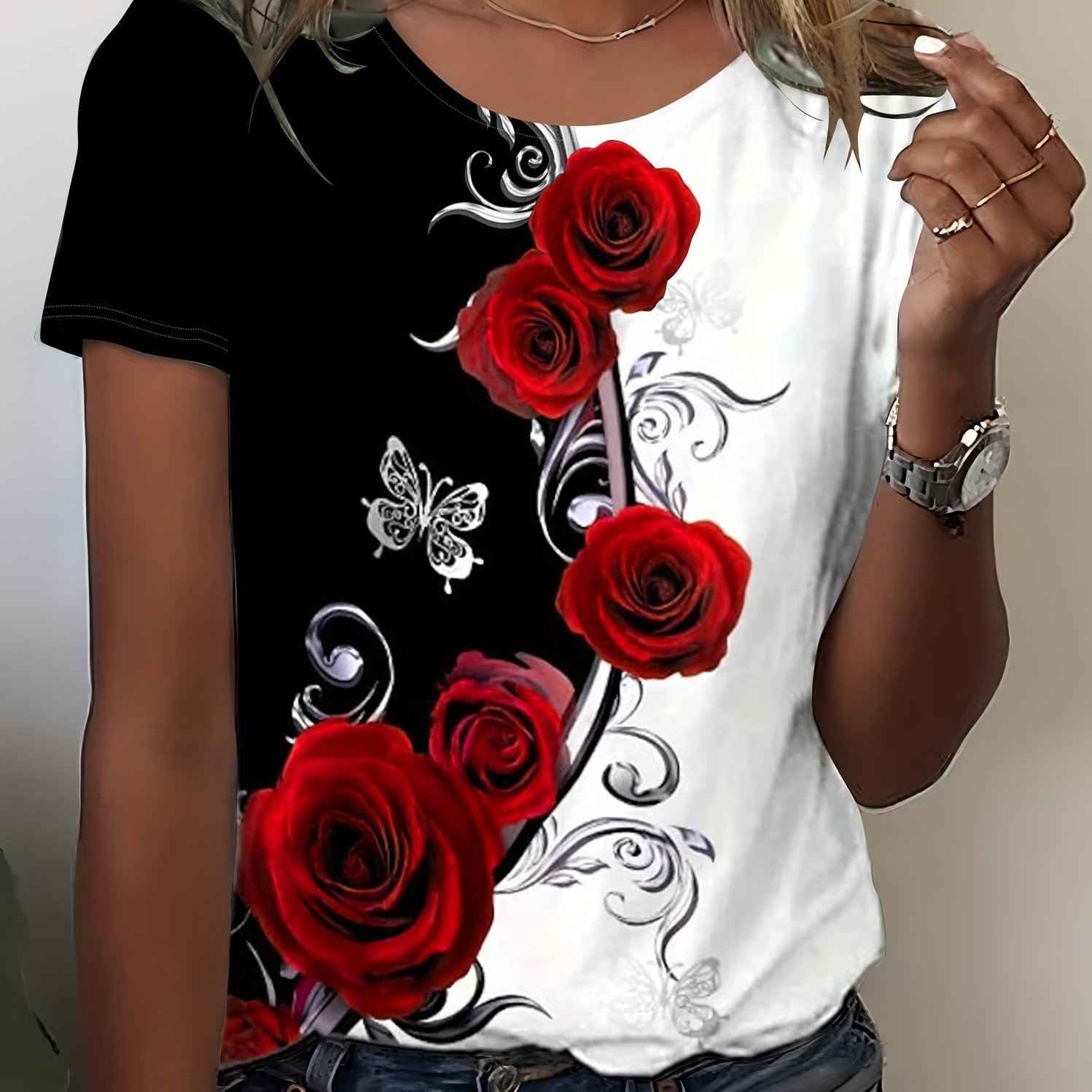 TEMU Rose Print Color Block T-shirt, Casual Crew Neck Short Sleeve T-shirt, Women's Clothing