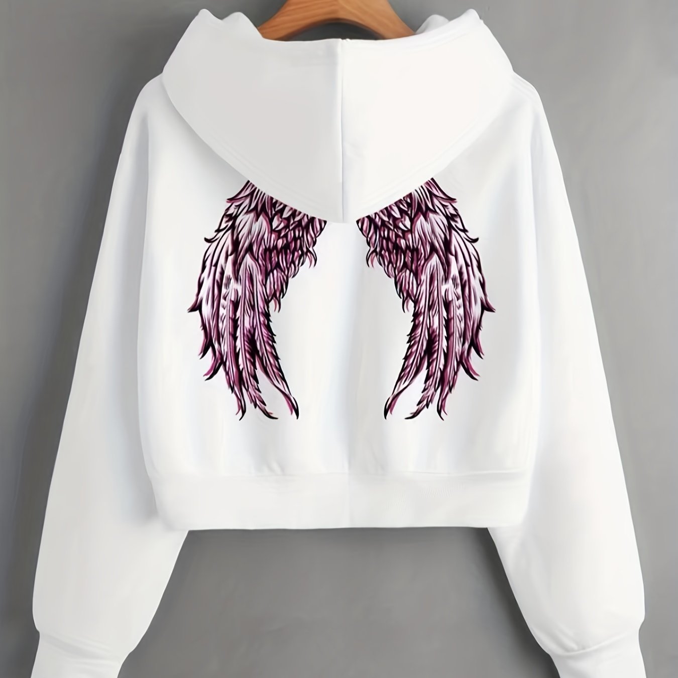 Women's Thermal Lined Wings Print Hoodie - Purple Design Drawstring Crop Sweatshirt, Long Sleeve Casual Athleisure Top For , Warm Hoodie Sweatshirts, Wear, Hooded Pullover