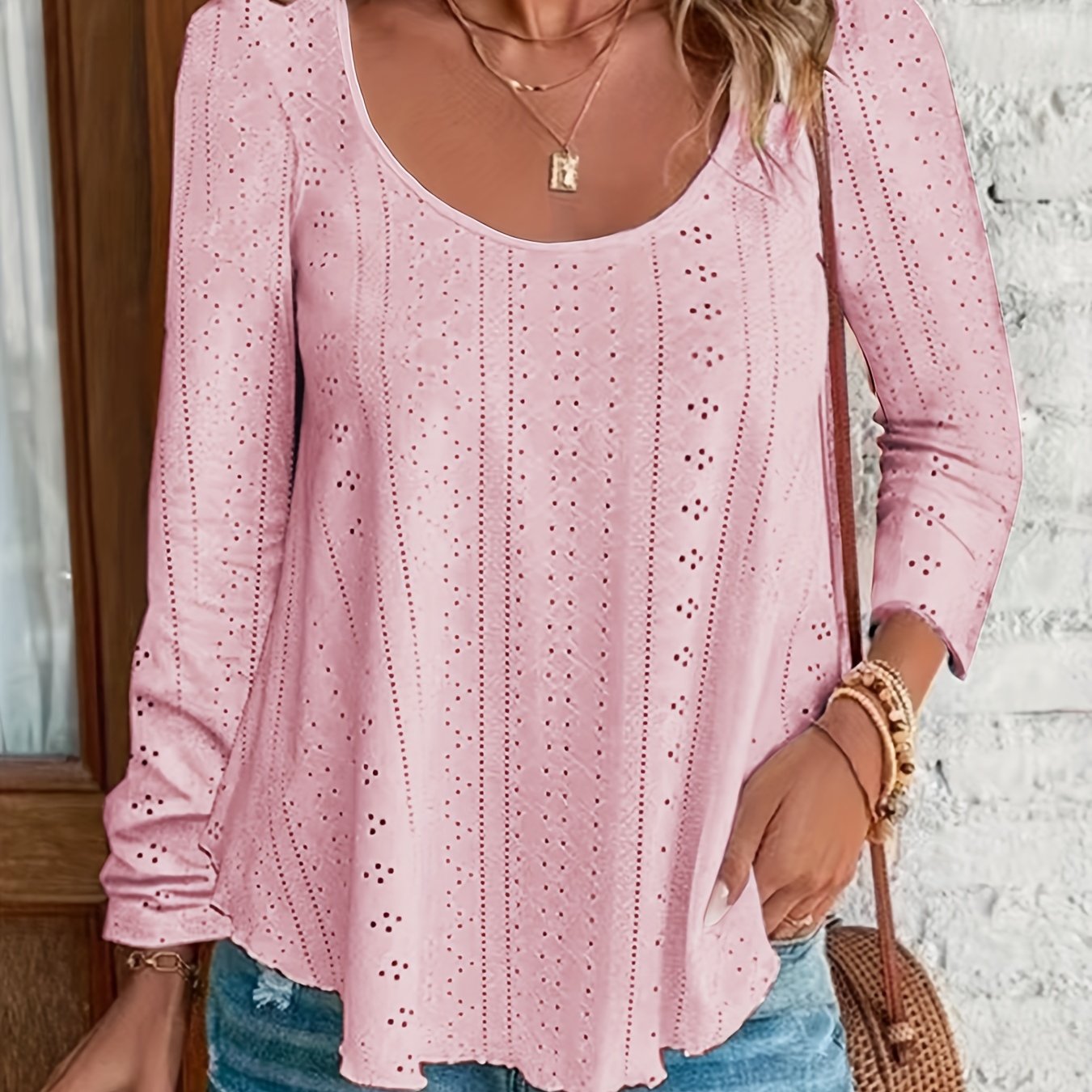 plus size elegant top womens plus solid eyelet embroidery long sleeve round neck slight stretch top