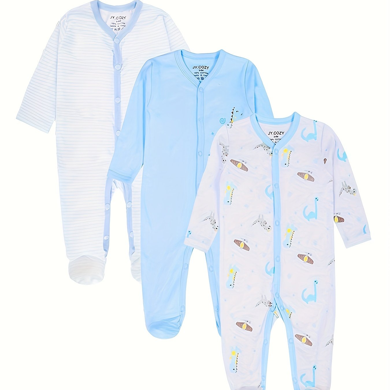 Image of 3pcs Long-sleeve Romper Set For Baby Boy | Cute Cartoon Pattern, Skinny Fit, By Jy.cozy For Baby, For Outdoor