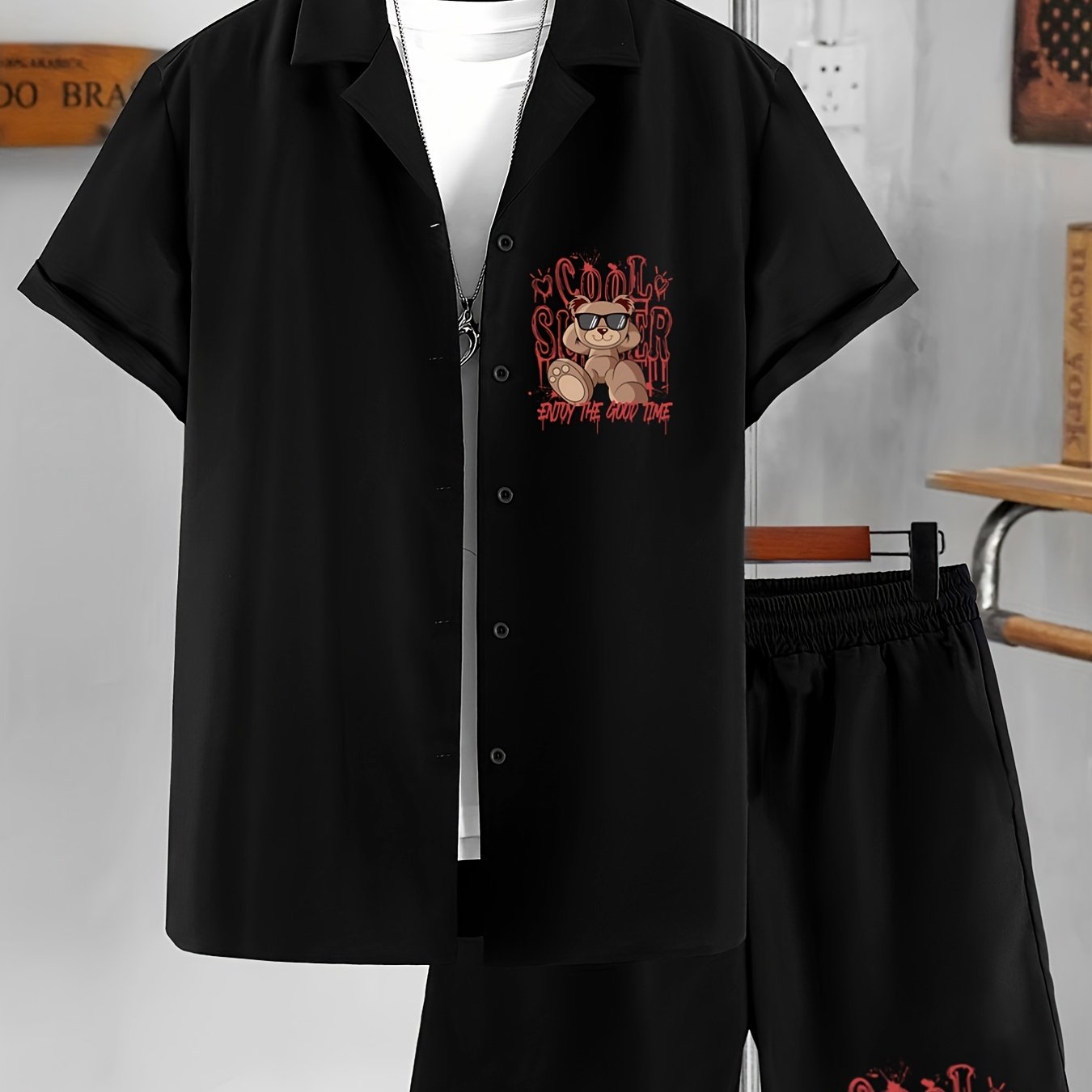 Cartoon Bear POCKET MONEY Graphic Tee And Sweat Shorts Set In BLACK