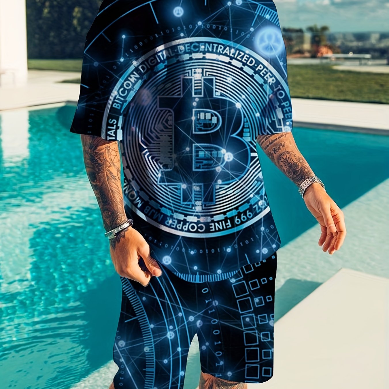 Bitcoin Print Mens 2pcs Outfits Casual Crew Neck Short Sleeve T