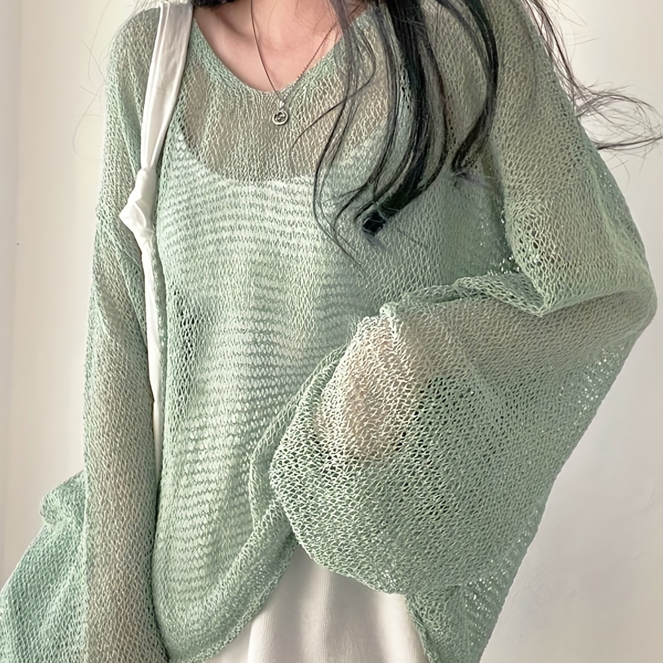 Korean Chic Summer Vintage Loose Fit Long Sleeve Hollow-out Thin Cover-up Top For Women