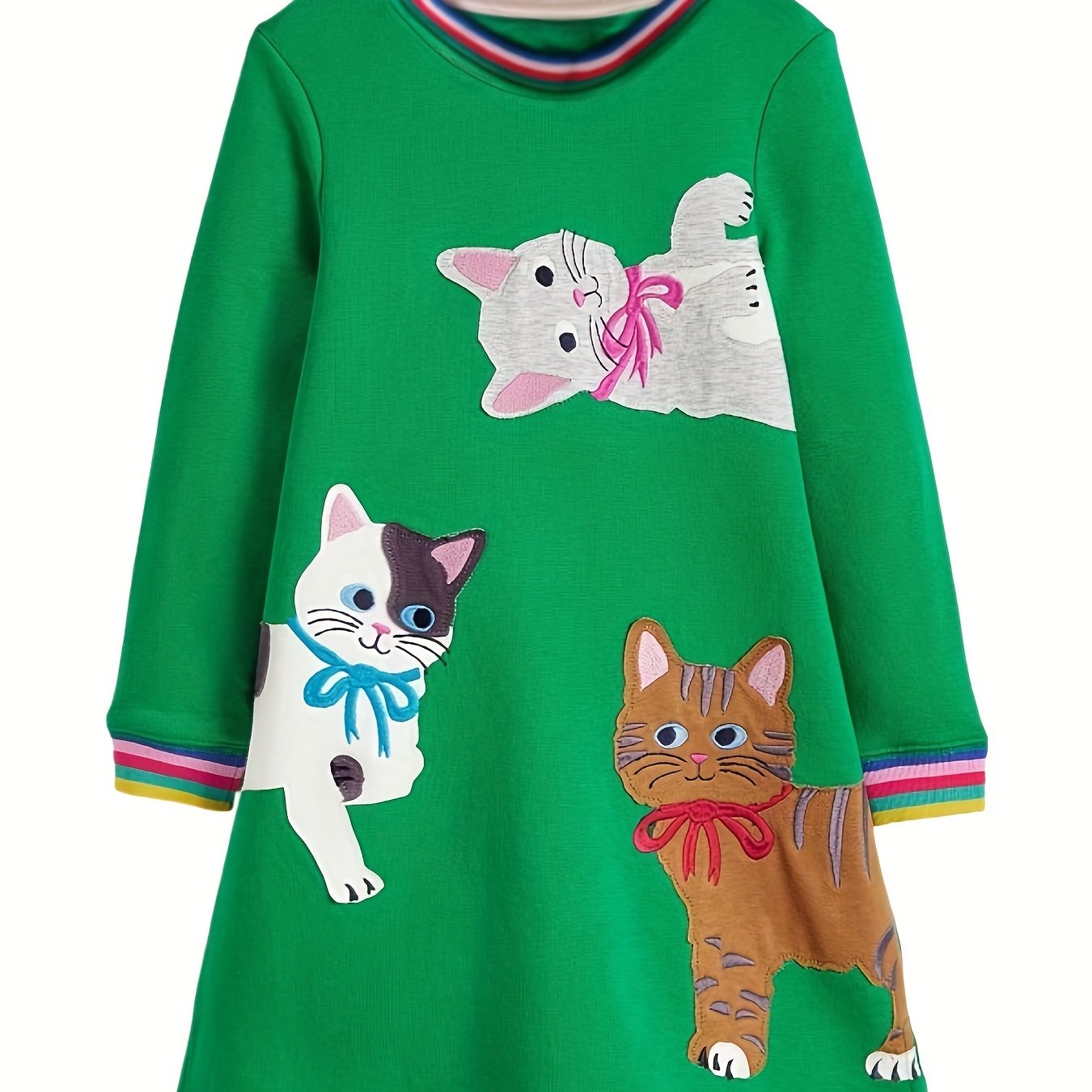 Image of Girls' Long Sleeve Applique Dress Thanksgiving Green Random Cartoon Cat Style
