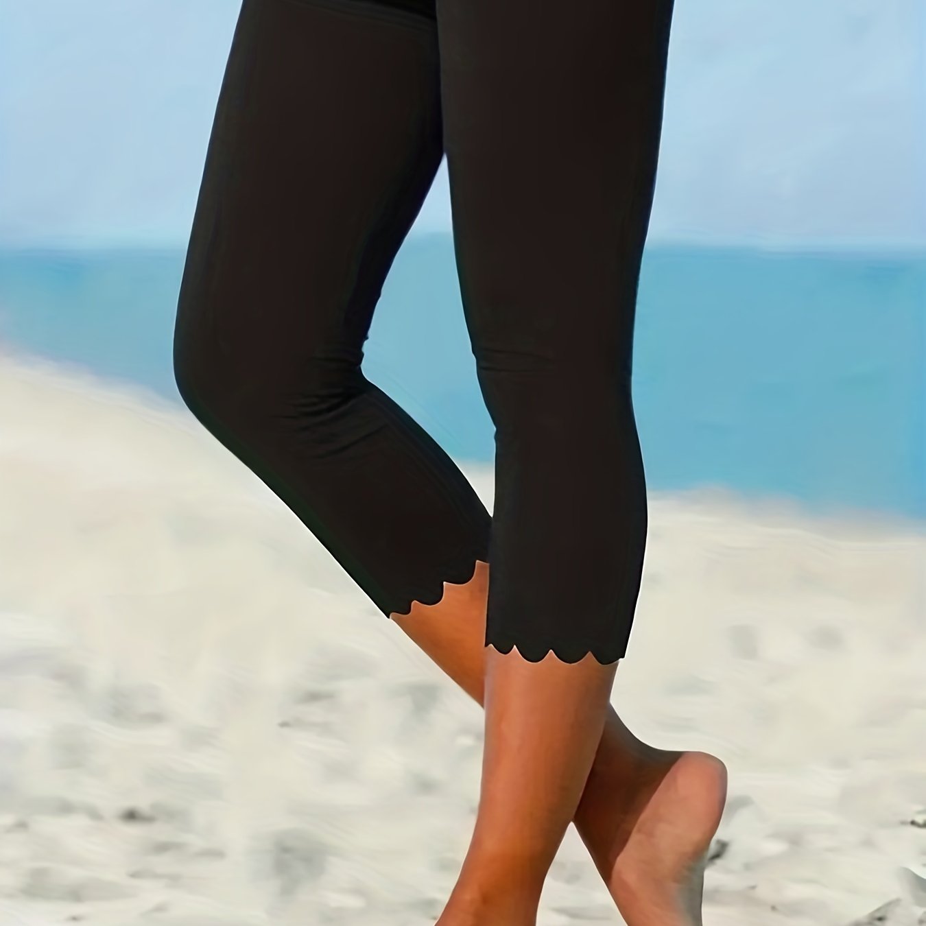 Fashionable Casual Women' Color Stretchy Elastic Waist Irregular Hem Fitted Three-quarter Leggings