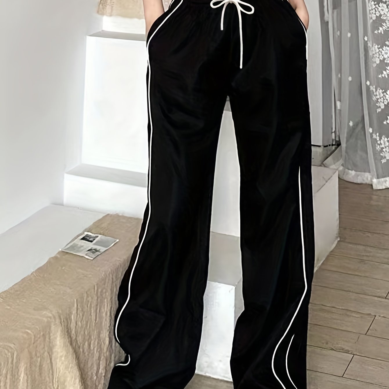 E-shop Kontrastbindung Kordelzug Taille Hose, Y2K Schrägtasche Baggy Hose, Damenbekleidung