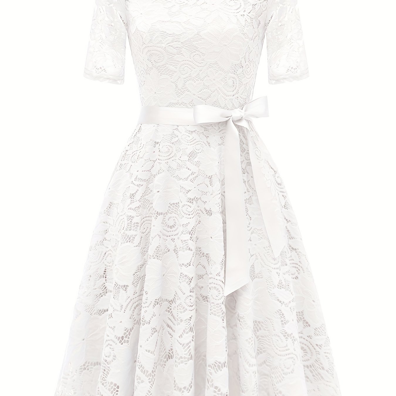 Lelesmi White Short Sleeve Lace Dress w/ Round Collar