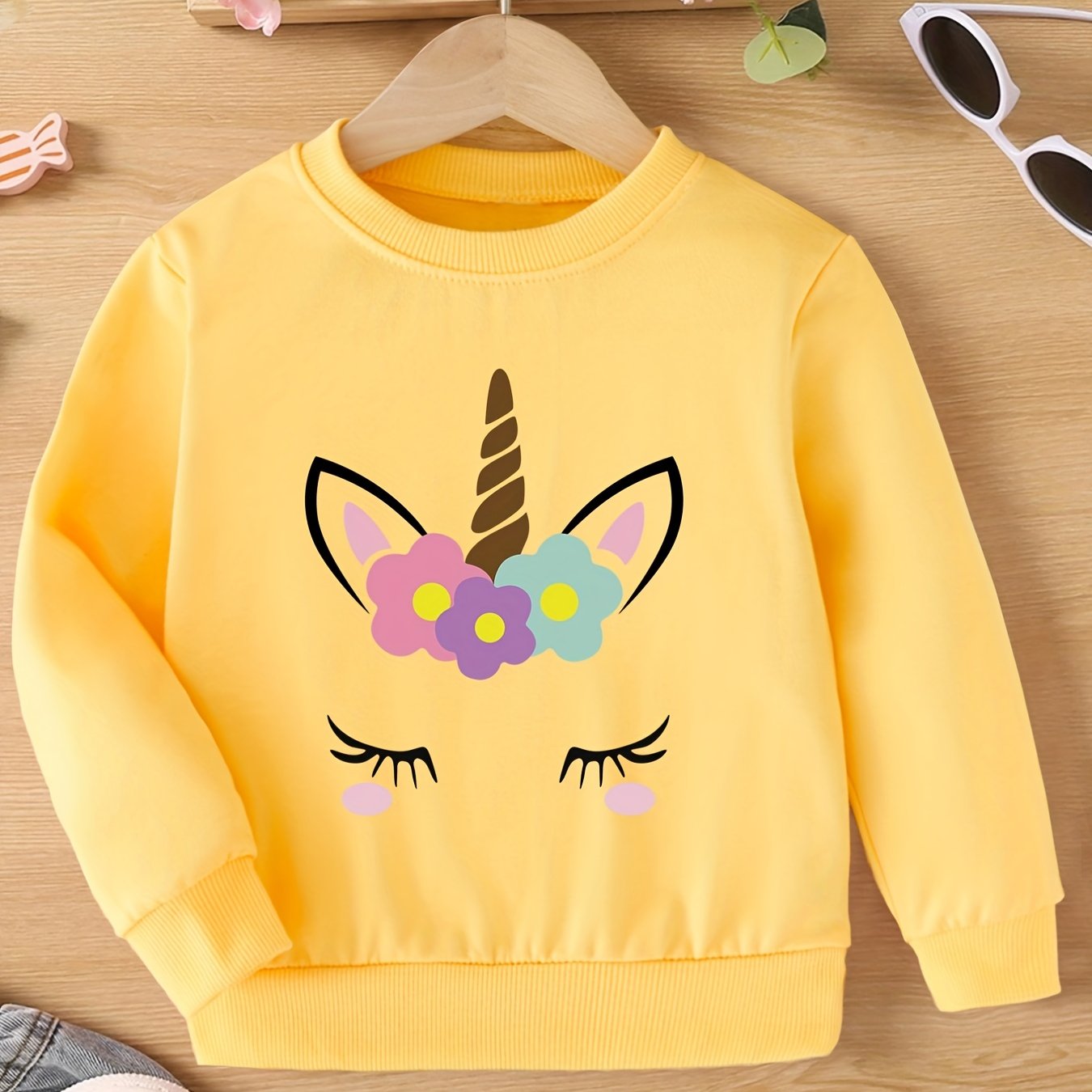 Image of Girls Unicorn Face Print Crew Neck Sweatshirt Top Pullovers For Sports Casual Outfit, Cute Kids Spring/ Fall Clothing