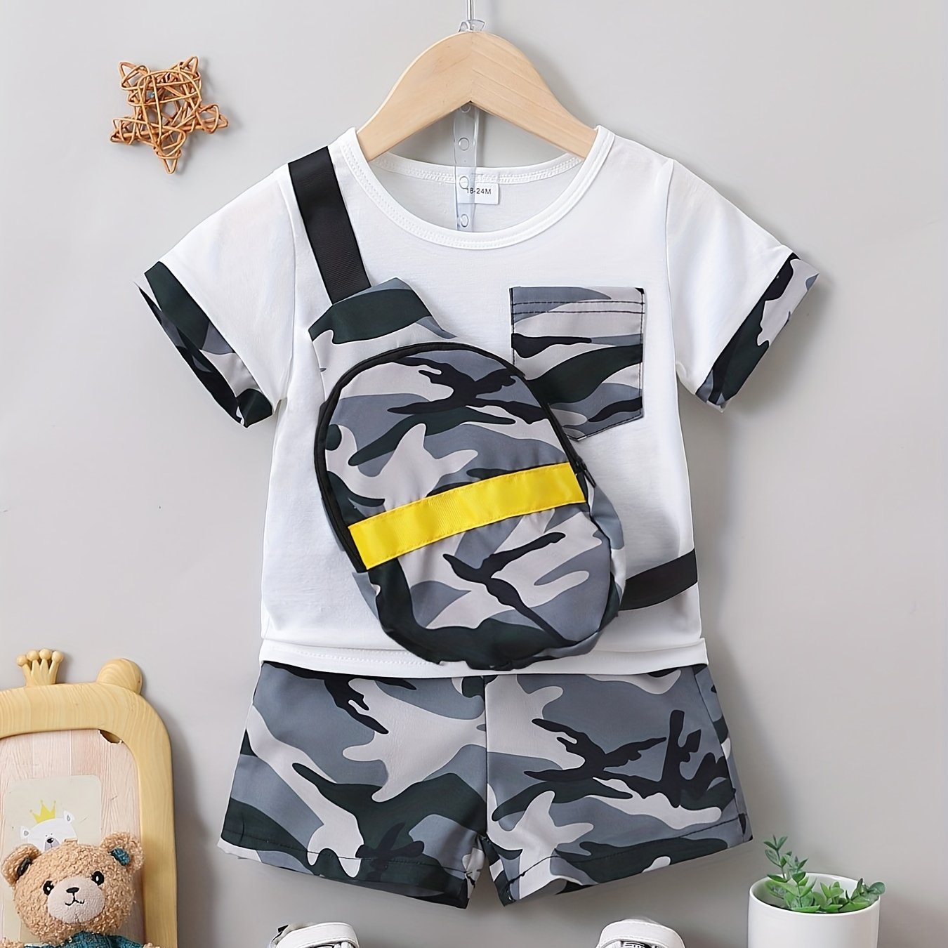 Boys Crossbody Bag Print Casual Outfit Round Neck T-shirt & Shorts