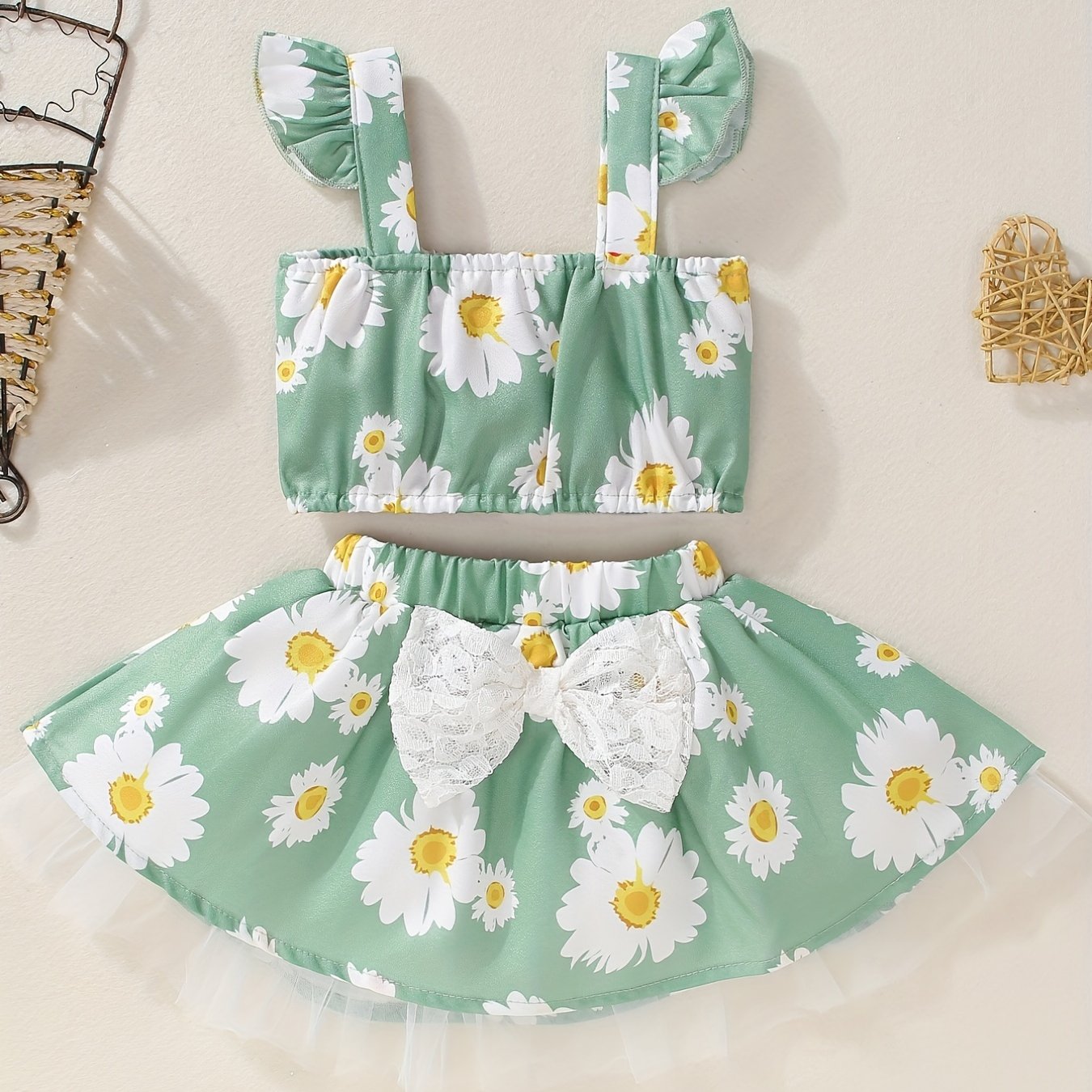 Baby Girl's Stylish & Cute Shorts Set - Crop Halter Top & Floral Striped  Print Belted Shorts