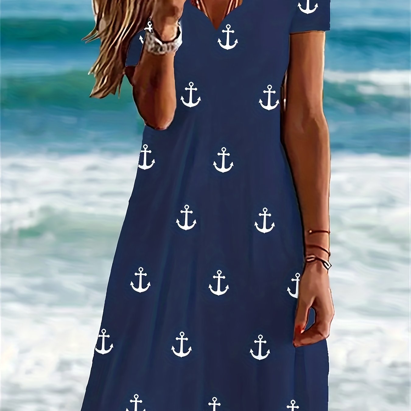 Anchor Print Scallop Trim Dress, Casual V Neck Short Sleeve Dress, Women's Clothing