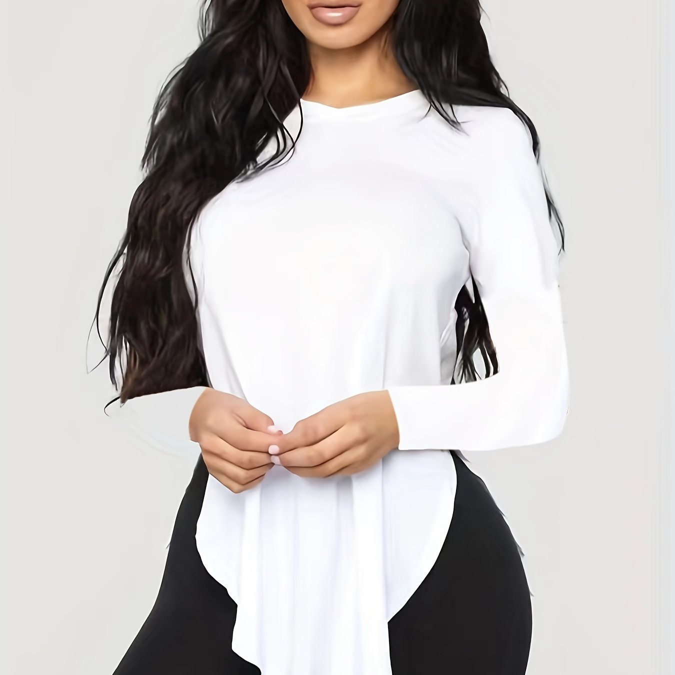 Solid Curved Hem Crew Neck T shirt Casual Long Sleeve Top - Temu Canada