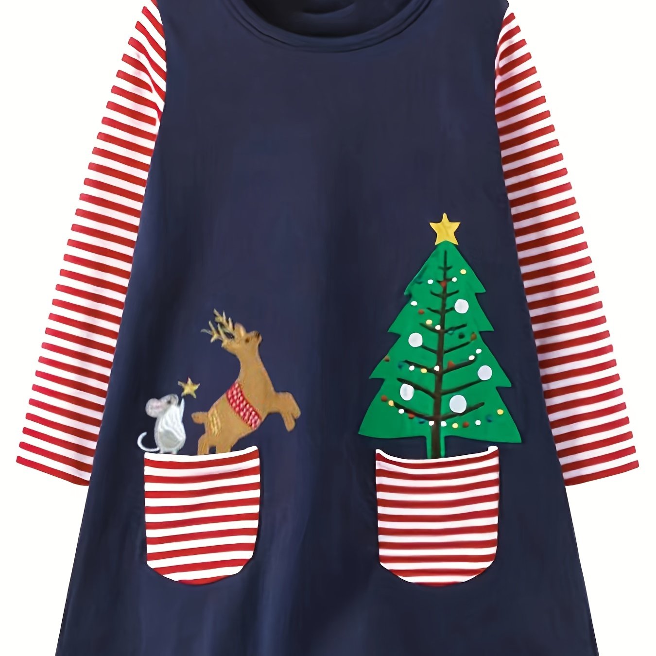 Image of Toddler Girls' Christmas Element Embroidery Long Sleeve Cotton Dress, Cute & Casual Playwear Dress For Clothes/ Party