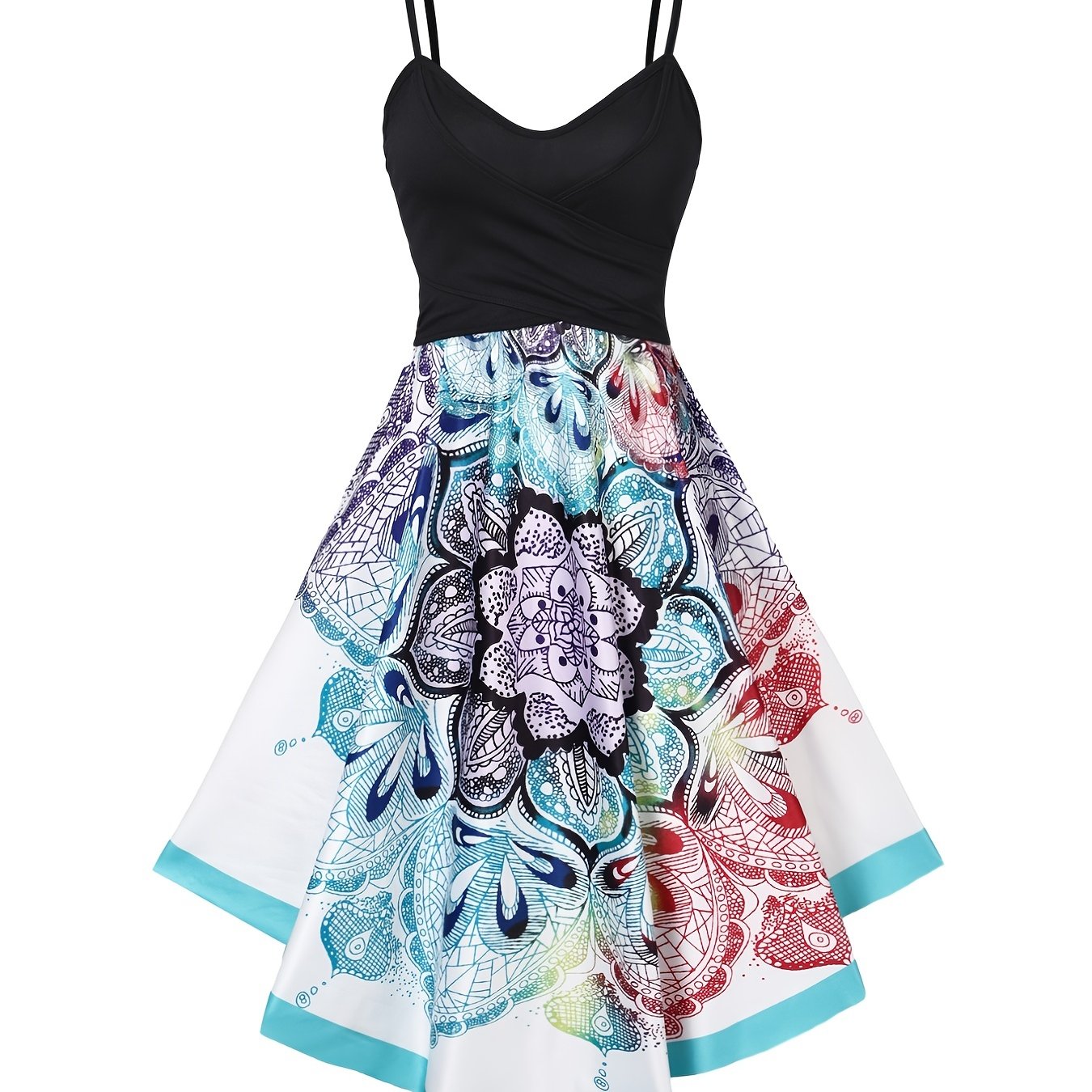 Image of Floral Print Cross Dress, Boho Spaghetti Strap Sleeveless Dress, Women's Clothing