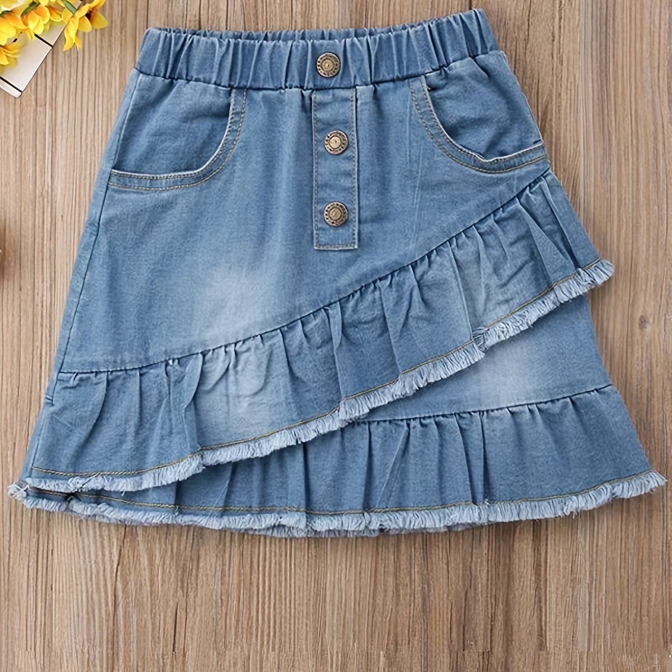 Image of Toddler Girls Casual Asymmetric Ruffle Hem Elastic Waist Denim Skirt For Summer