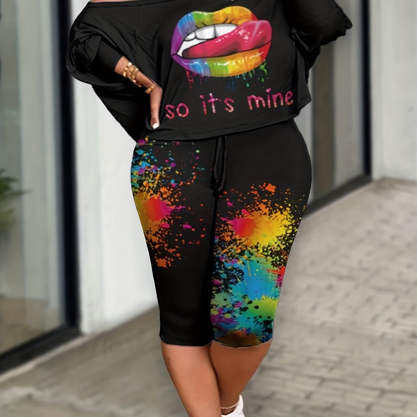 Plus Size Casual Outfits Set, Women's Plus Floral & Stripe Print Butterfly  Sleeve V Neck Top & Solid Ribbed Side Knot Capri Pants Outfits Two Piece Se
