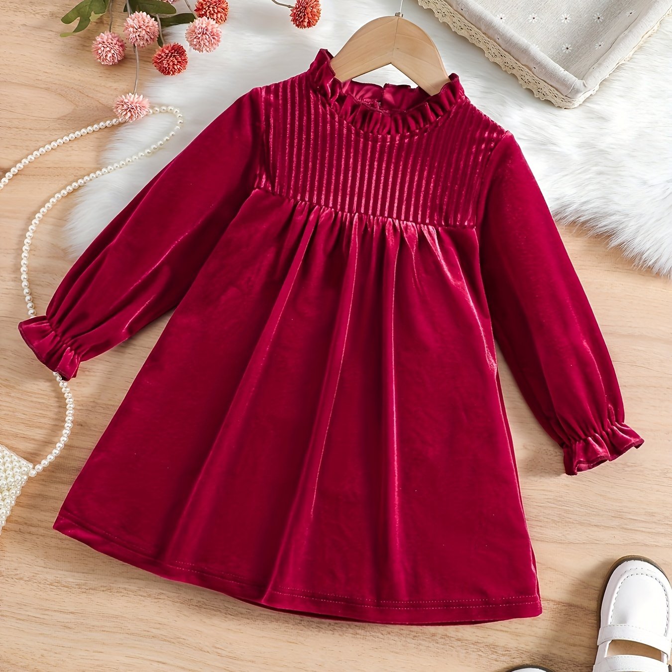 Baby Girl Solid Textured Frill Mock Neck Long-sleeve Spliced Embroidered Mesh Romper