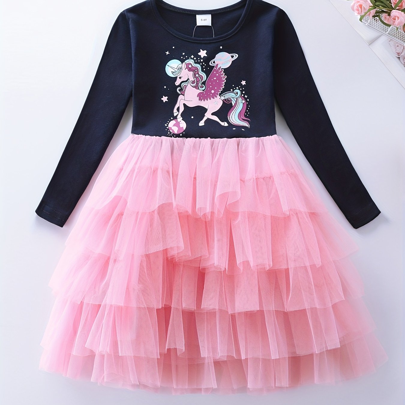 Image of Lh1705 Little Girls' Long Sleeve Cotton Cartoon Print Unicorn Party Princess