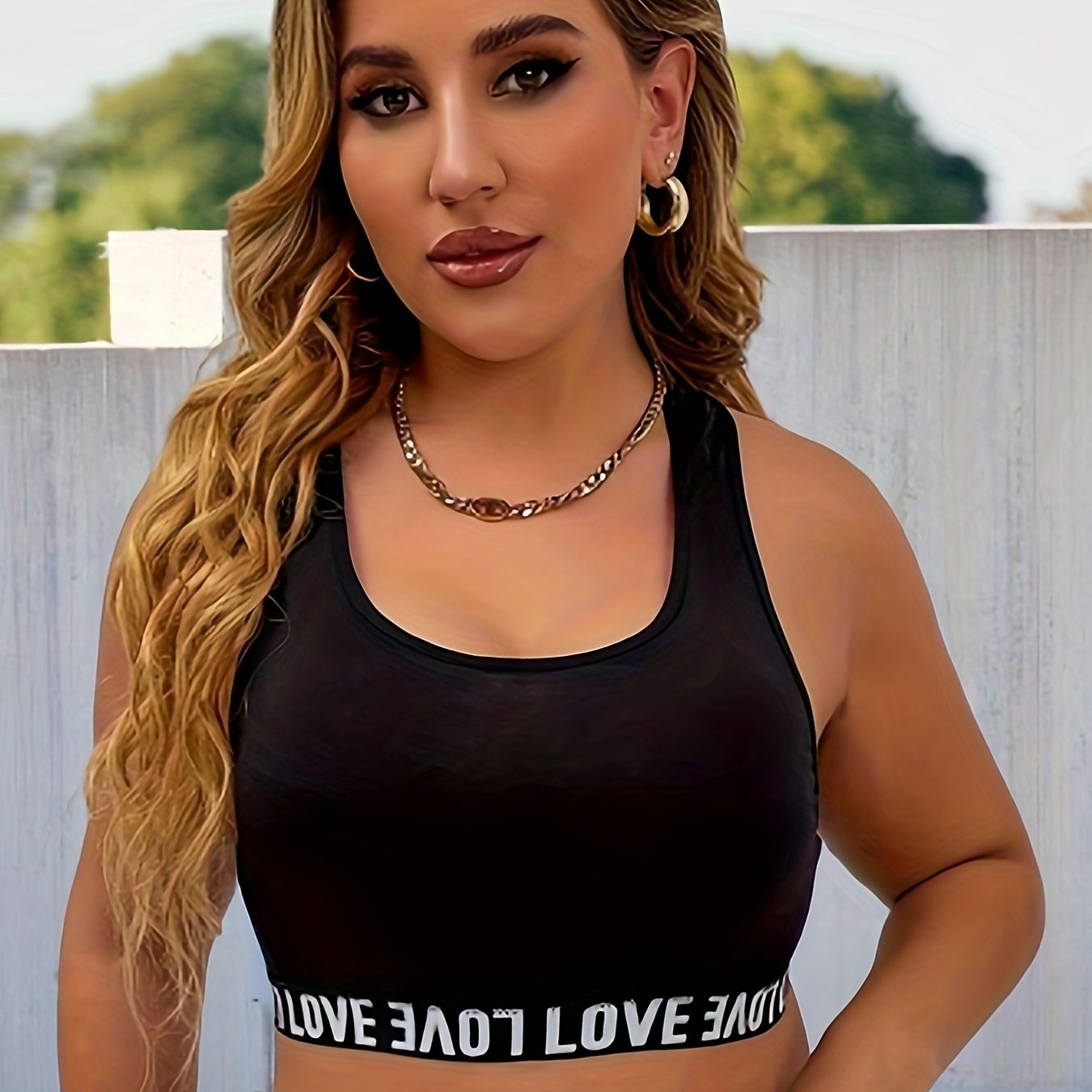 Plus Size Casual Bra, Women's Plus Letter Tape Racer Back High Stretch Wireless Bra