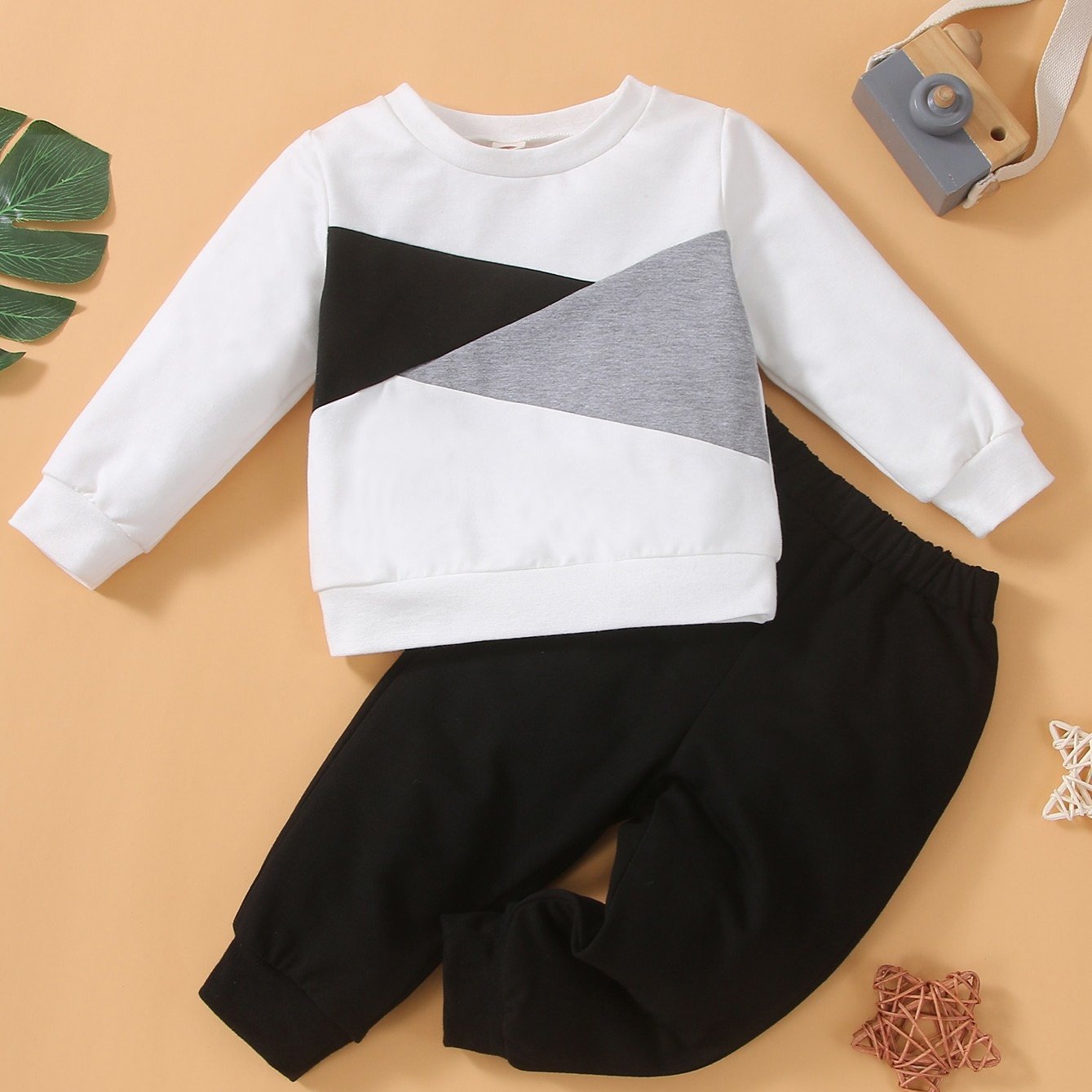 Baby Boy Long Sleeve Round Neck Black White And Grey Patchwork Pants ...