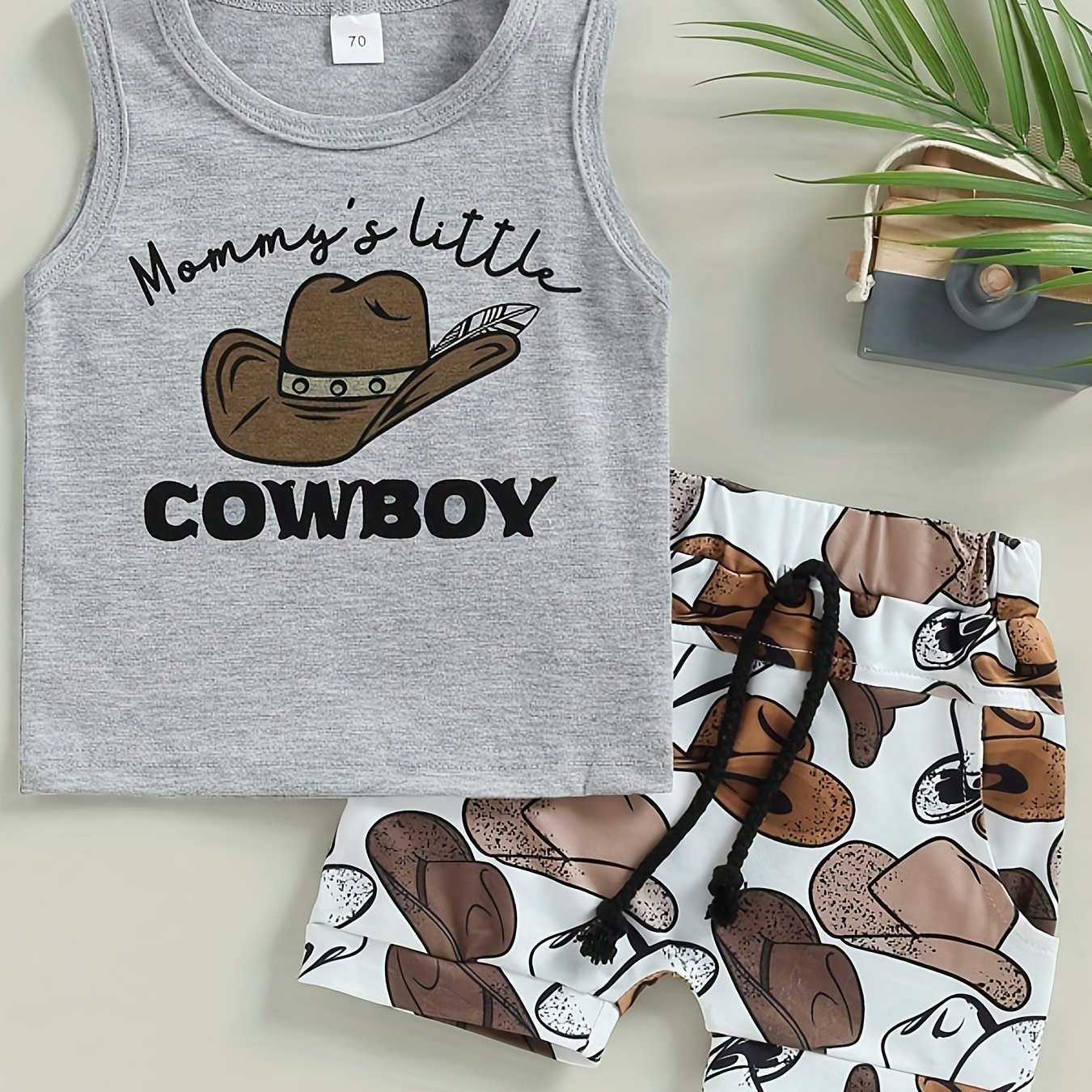Boys "Mommy's Little Cowboy&quot;Hat Print Casual Outfit Round Neck Tank Top & Shorts Comfortable Breathable For Summer Kids Clothes Sets