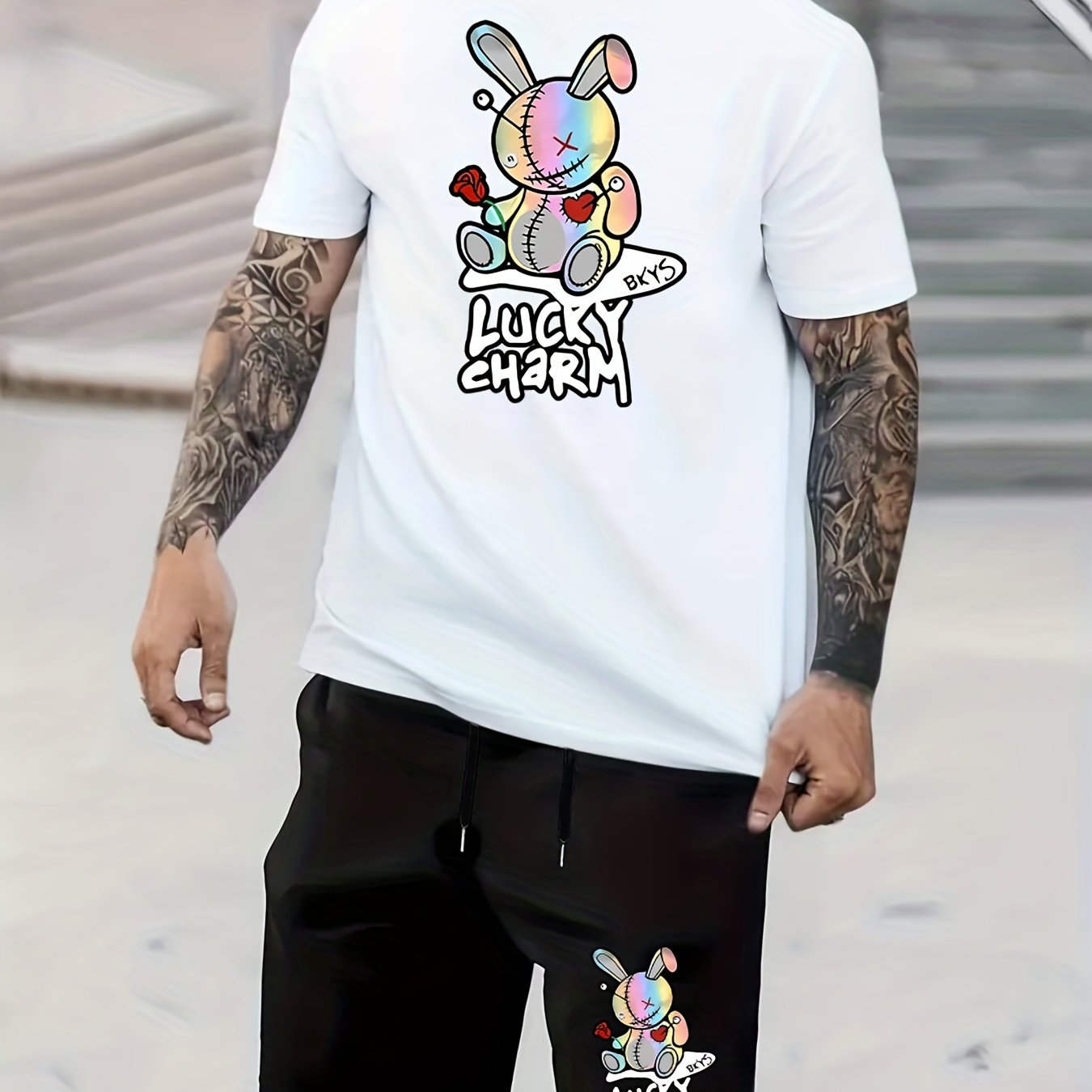 2pcs Men's Outfits Fashion LUCKY CHARM Bunny Doll Cartoon Print Loungewear  Set, Short Sleeve Crew Neck Graphic T-shirt Top & Drawstring Shorts With Po