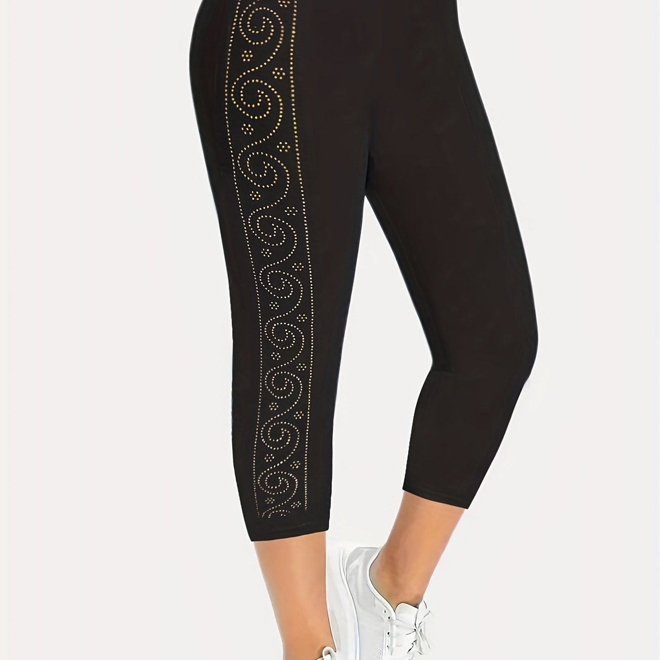 Plus Size Capri Leggings, Women's Plus Solid Rhinestone Decor Split Hem  Skinny Slight Stretch Capri Leggings