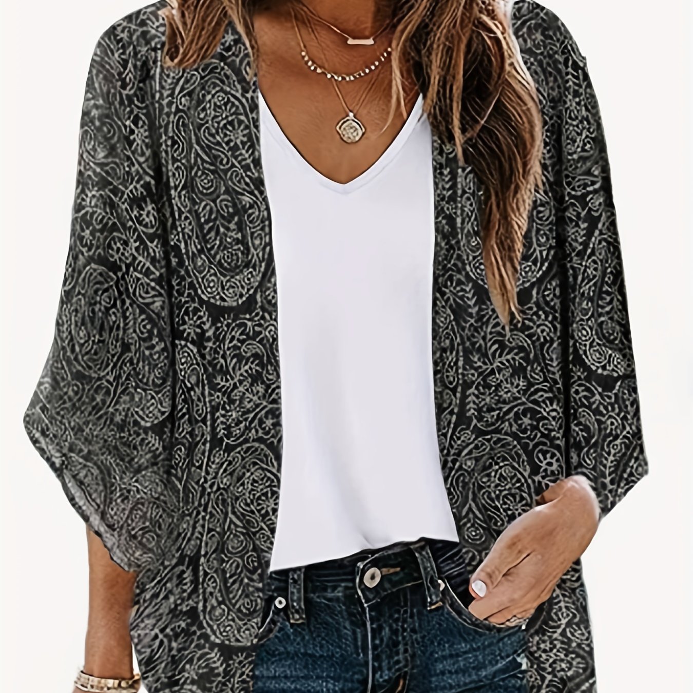 TEMU Kimono Con Estampado De Paisley, Blusa De Manga 3/4 Con Frente Abierto Informal, Ropa De Mujer