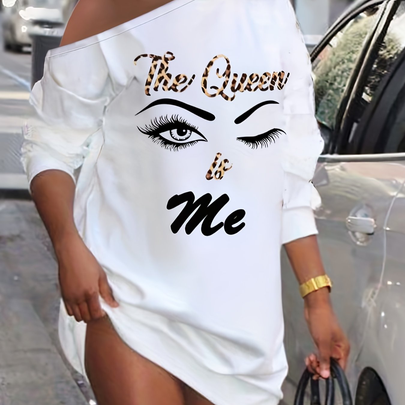 Plus Size, Print Long-sleeve Casual T-shirt Dress