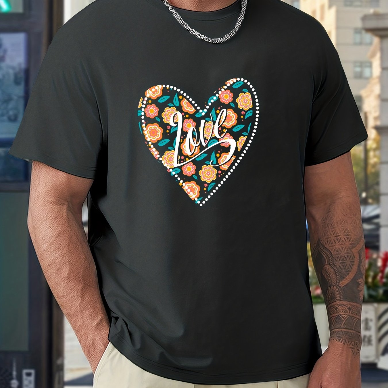 Heart & Floral Pattern T-shirt, Men's Casual Slightly Stretch