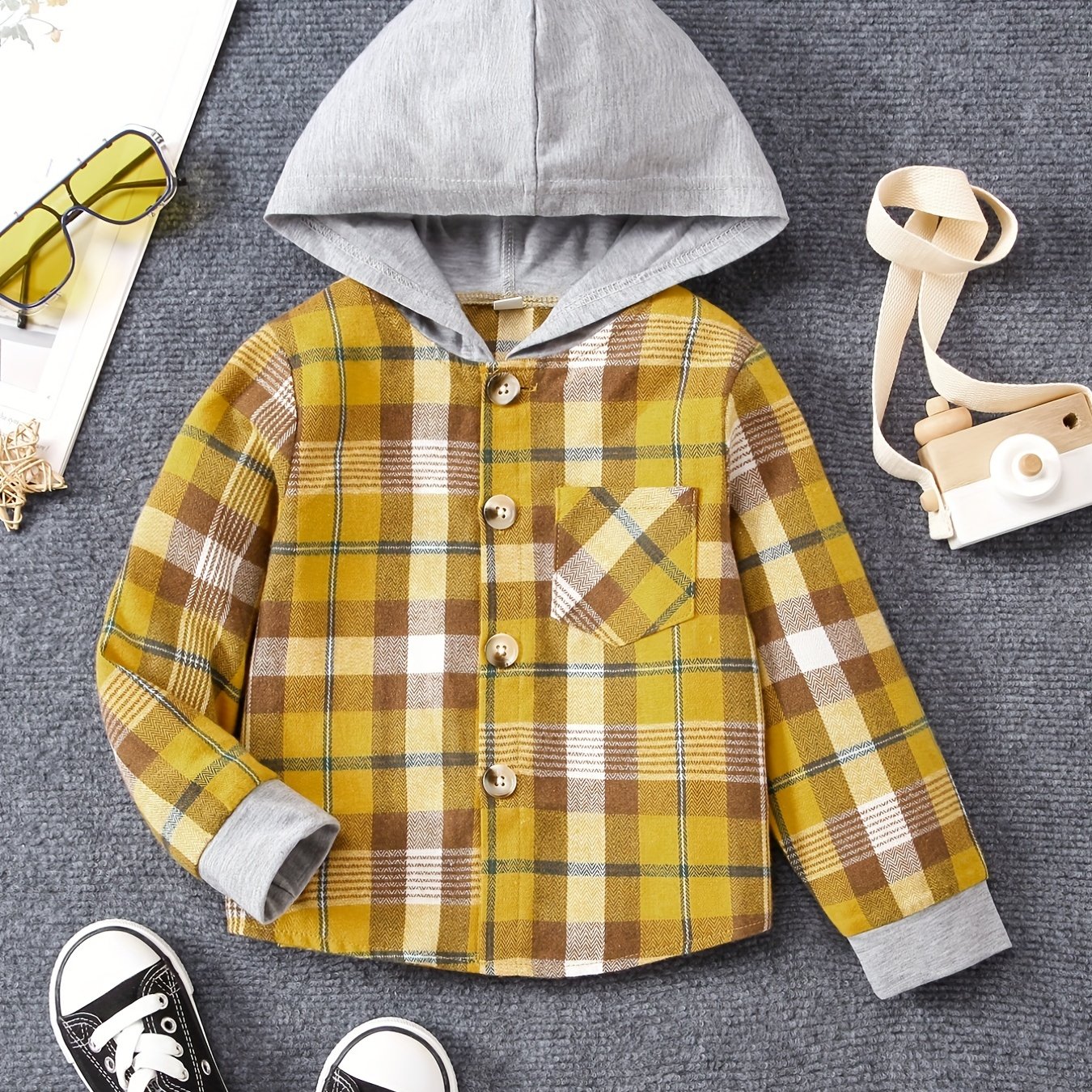 Girls' Contrast Plaid Hooded Long Sleeve Button Down Jacket Shirt