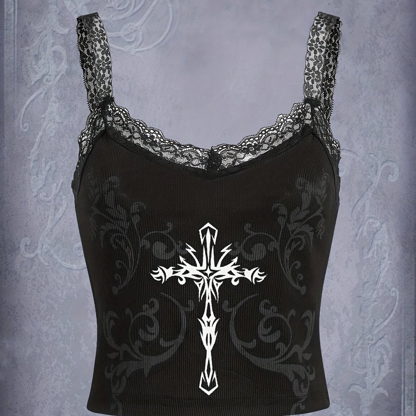 Gothic Print Lace Cami Top, Grunge Summer Sleeveless Top, Women's Clothing